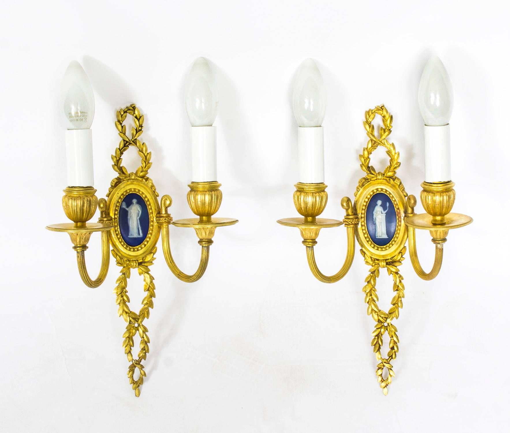 Antique Pair of Ormolu Jasperware Two Branch Wall Lights Sconces 2
