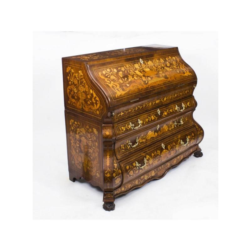 We are pleased to present for your inspection, this very imposing antique 18th Century Dutch burr walnut and floral marquetry ‘bombe’ shaped walnut bureau which is believed to date from around 1780.

The bureau has been fashioned from high quality