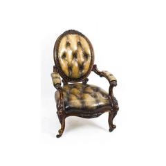 Antique Pair of English Victorian Walnut and Leather Armchairs, circa 1870