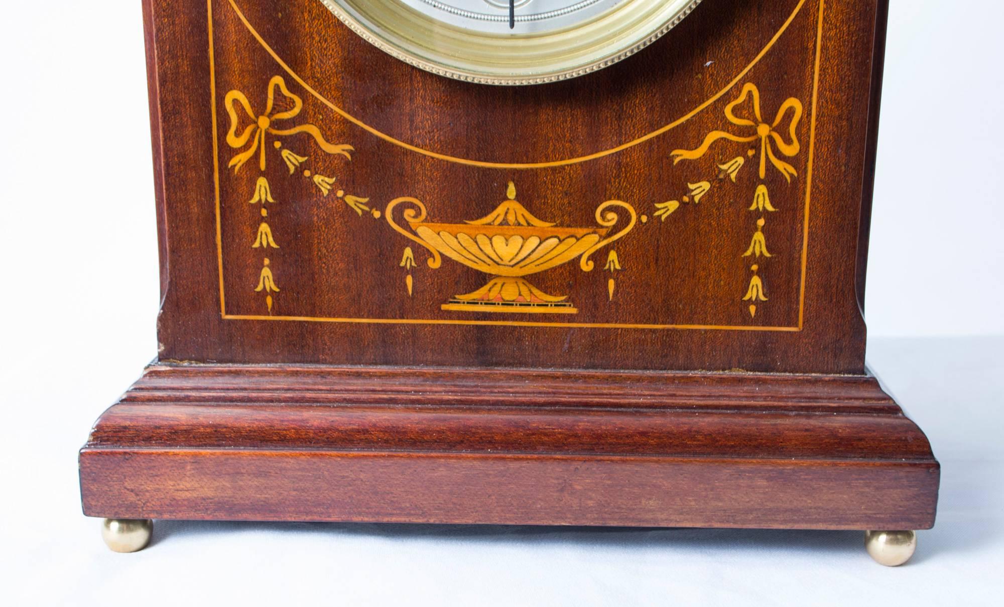 Early 20th Century French Marquetry Mahogany Mantle Clock In Excellent Condition In London, GB