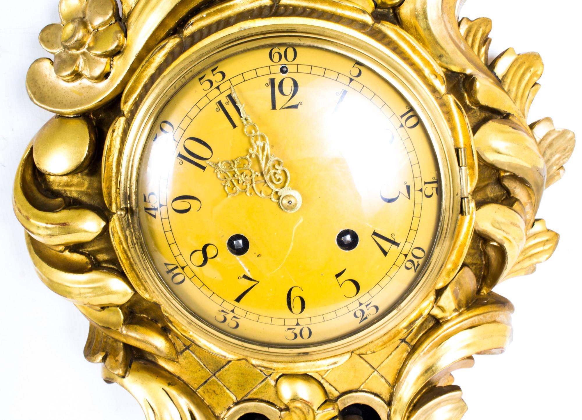 Rococo Early 20th Century Swedish Giltwood Eight-Day Striking Cartel Clock