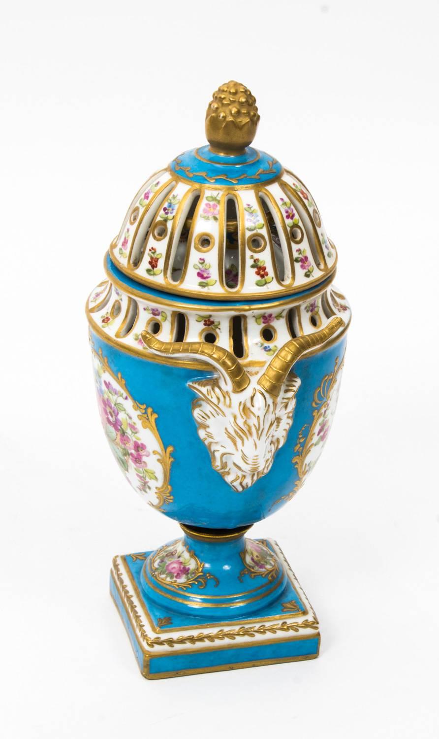 Late 19th Century 19th Century Pair of Sevres Bleu Celeste Porcelain Pot-Pourri Urns