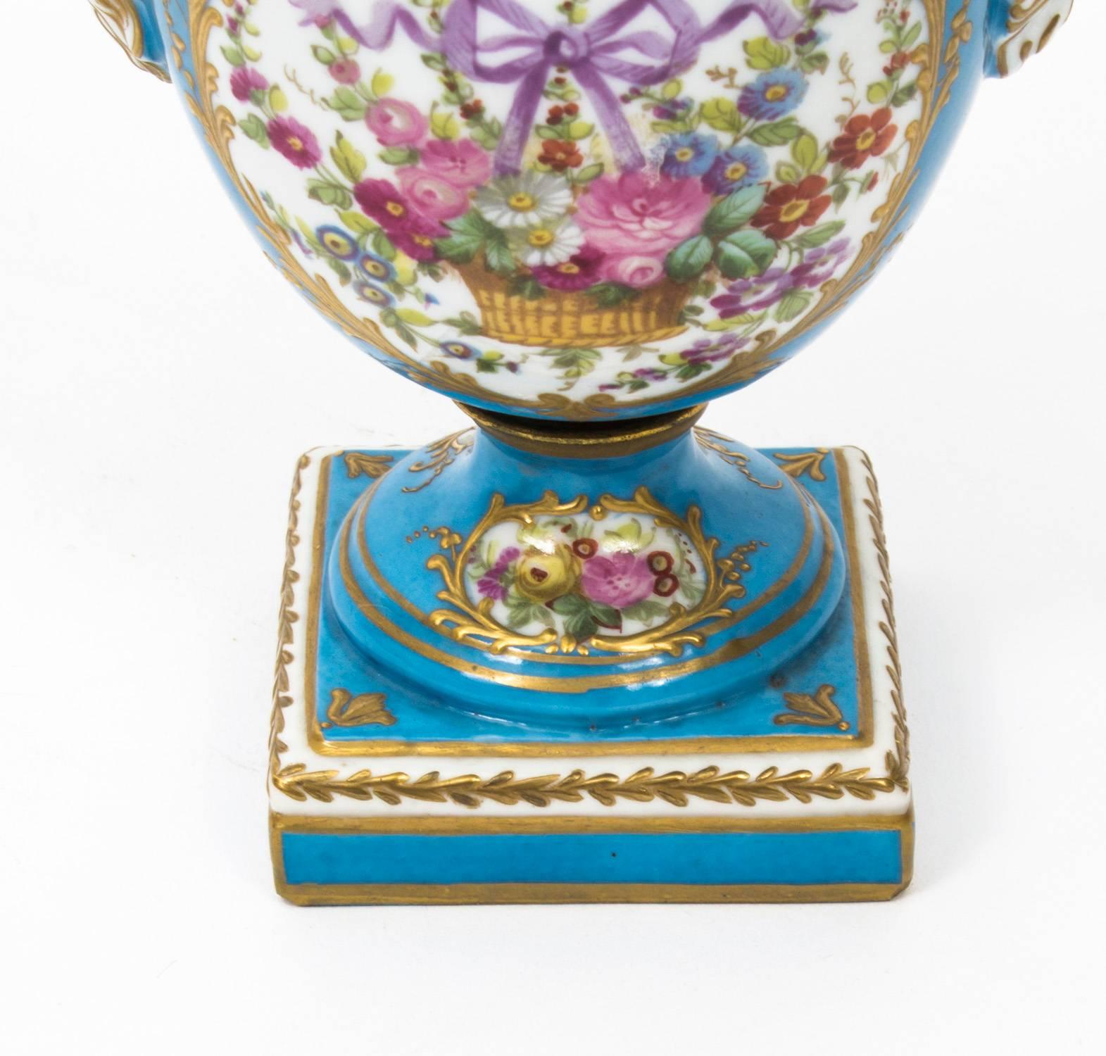 French 19th Century Pair of Sevres Bleu Celeste Porcelain Pot-Pourri Urns