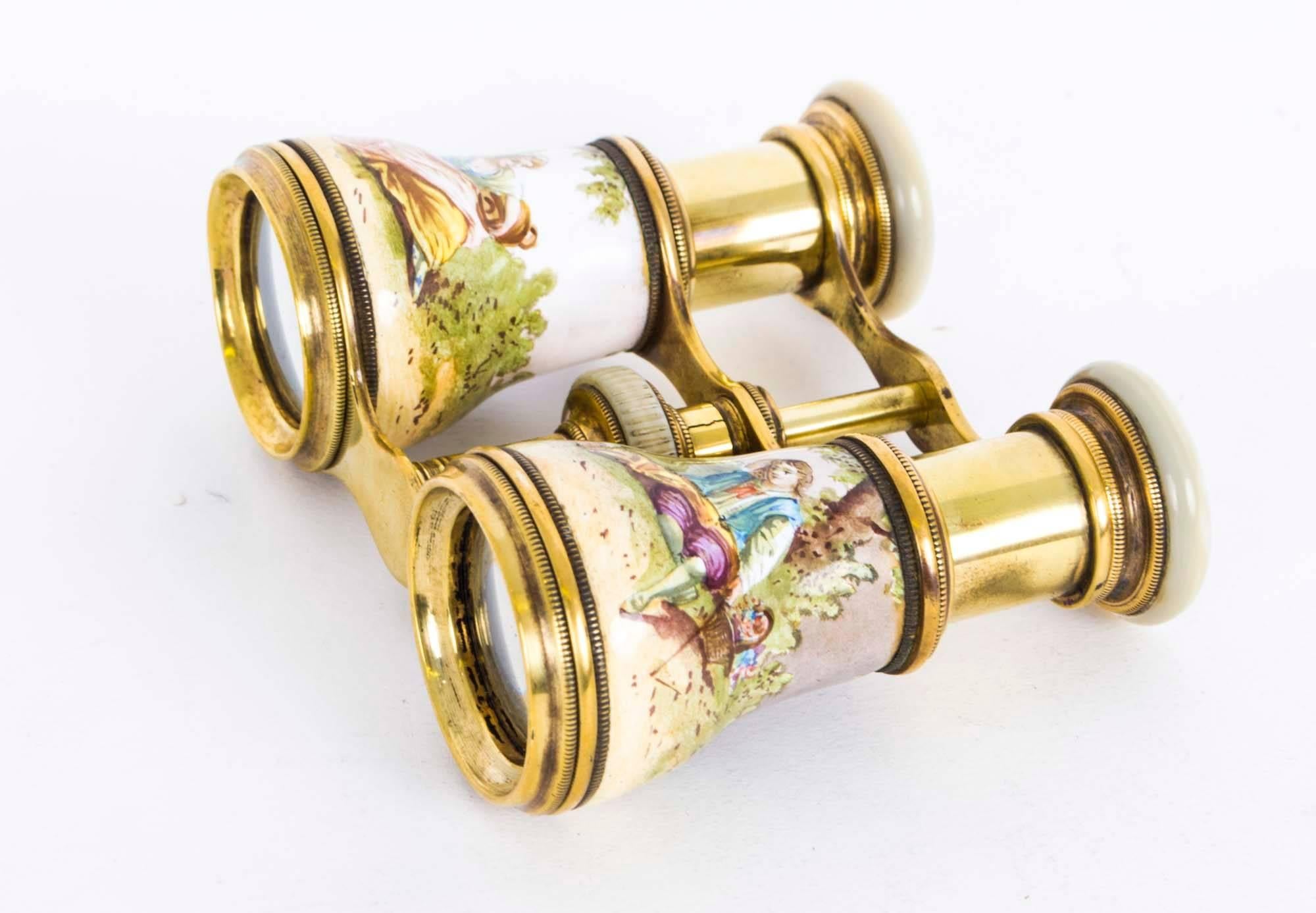 Mother-of-Pearl 19th Century Pair of French Enamelled Opera Glasse