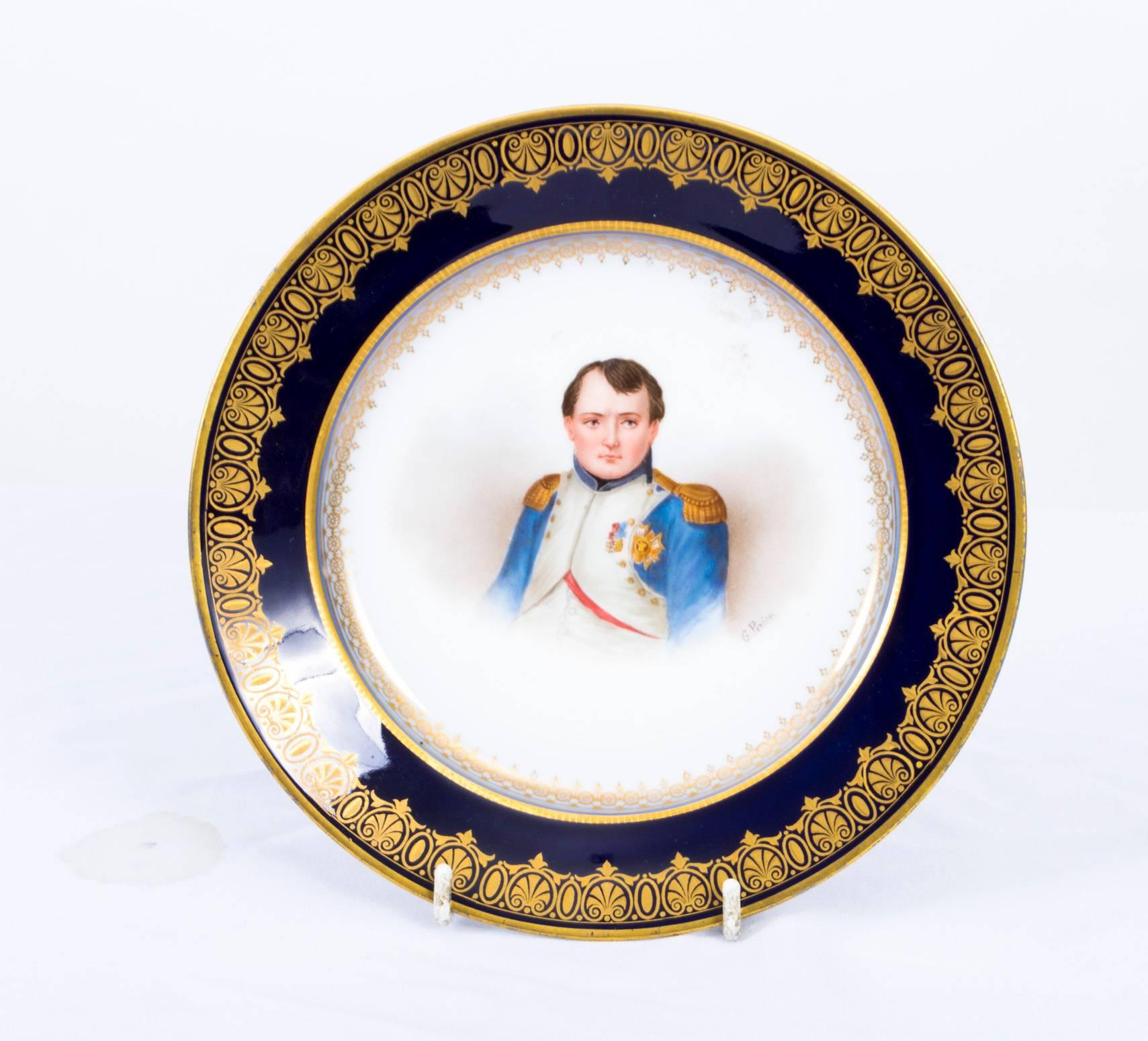 This is an absolutely fabulous and decorative antique pair of 19th century Sevres porcelain cabinet plates, signed G.Periers.

They have striking cobalt blue and gilt tooled borders framing named portraits of Napoleon and Im peratrice