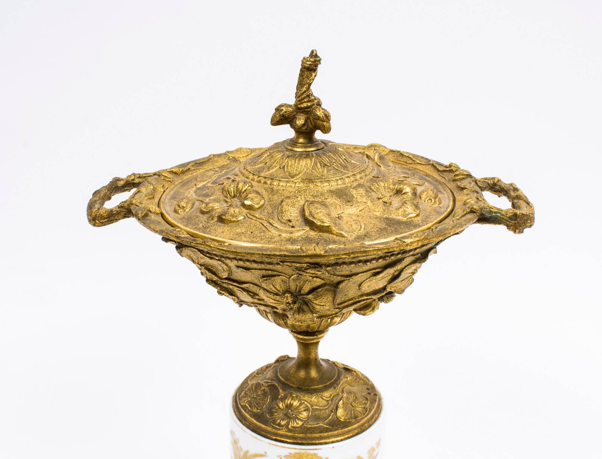 19th Century Pair of French Ormolu and Porcelain Urns 4