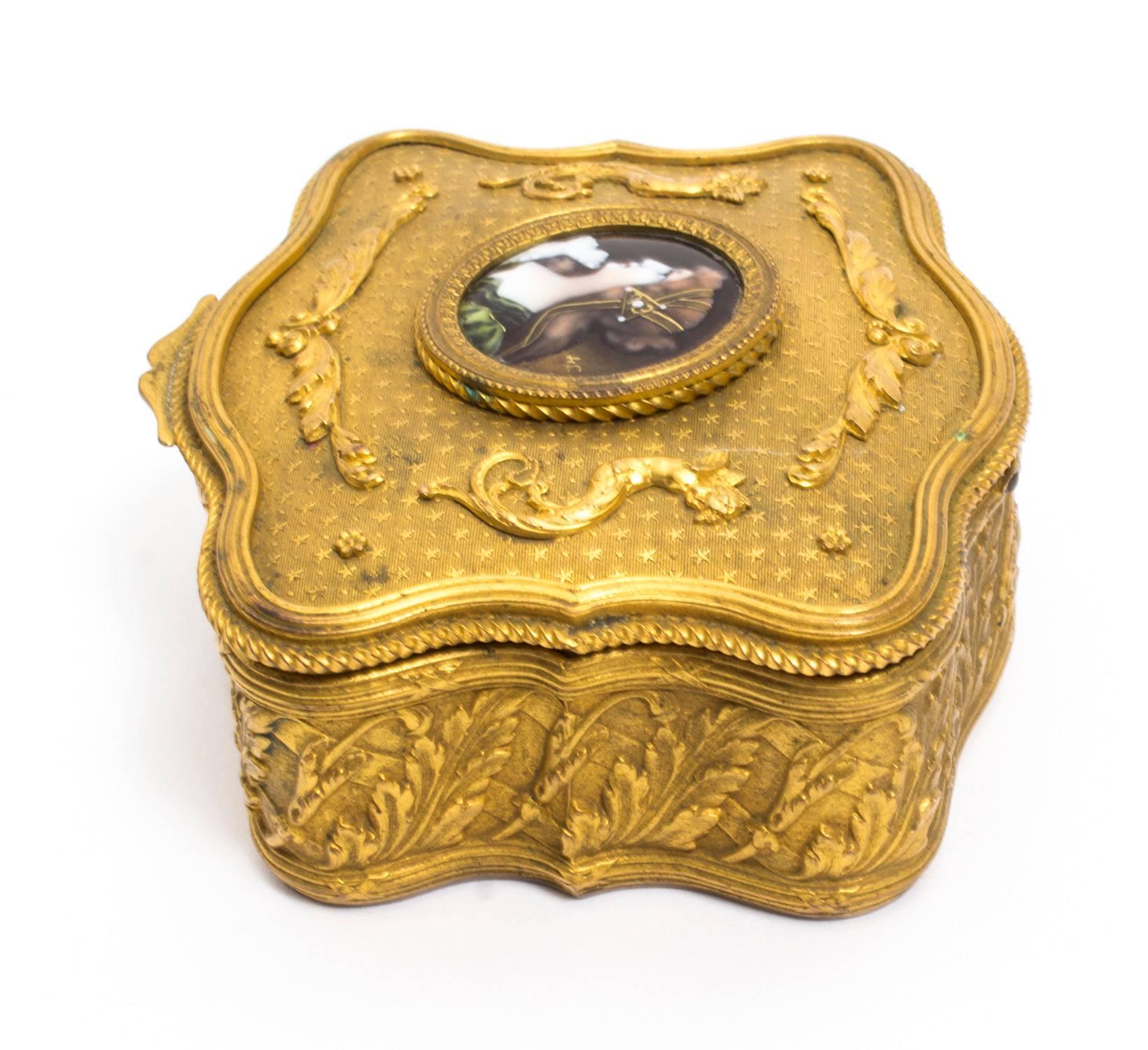 French 19th Century Gilt Bronze Jewellery Casket & Limoges Miniature