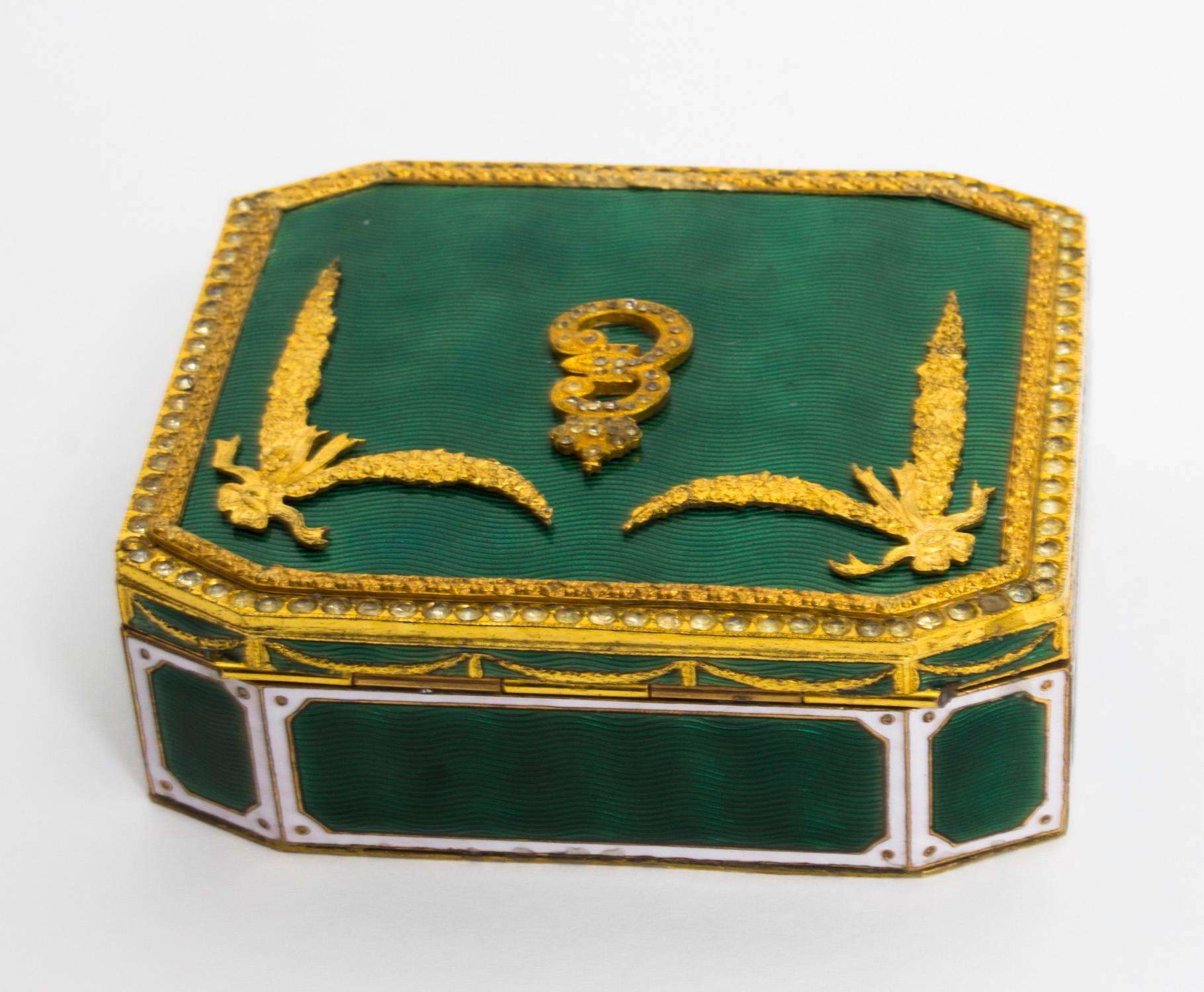 Antique Russian Gilt Bronze Enamel Trinket Box, Empress Catherine the Great In Excellent Condition In London, GB