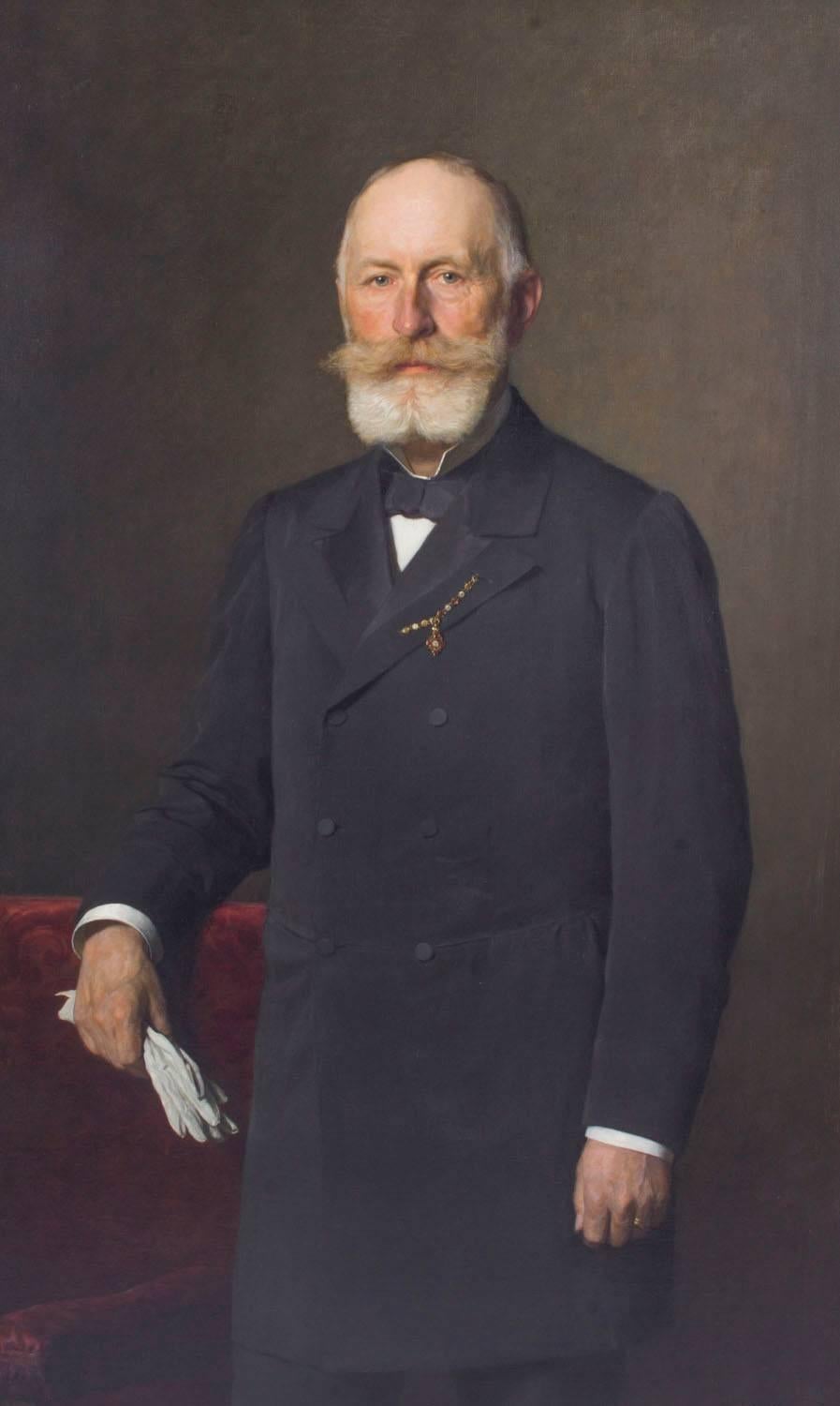 This is a very finely executed antique large Victorian portrait of Mr George Alan Everitt of Knowle Hall, Warwickshire, signed and dated G. Allemand, 1893.

The three quarter length portrait of Mr Everitt shows him standing in a semi formal pose