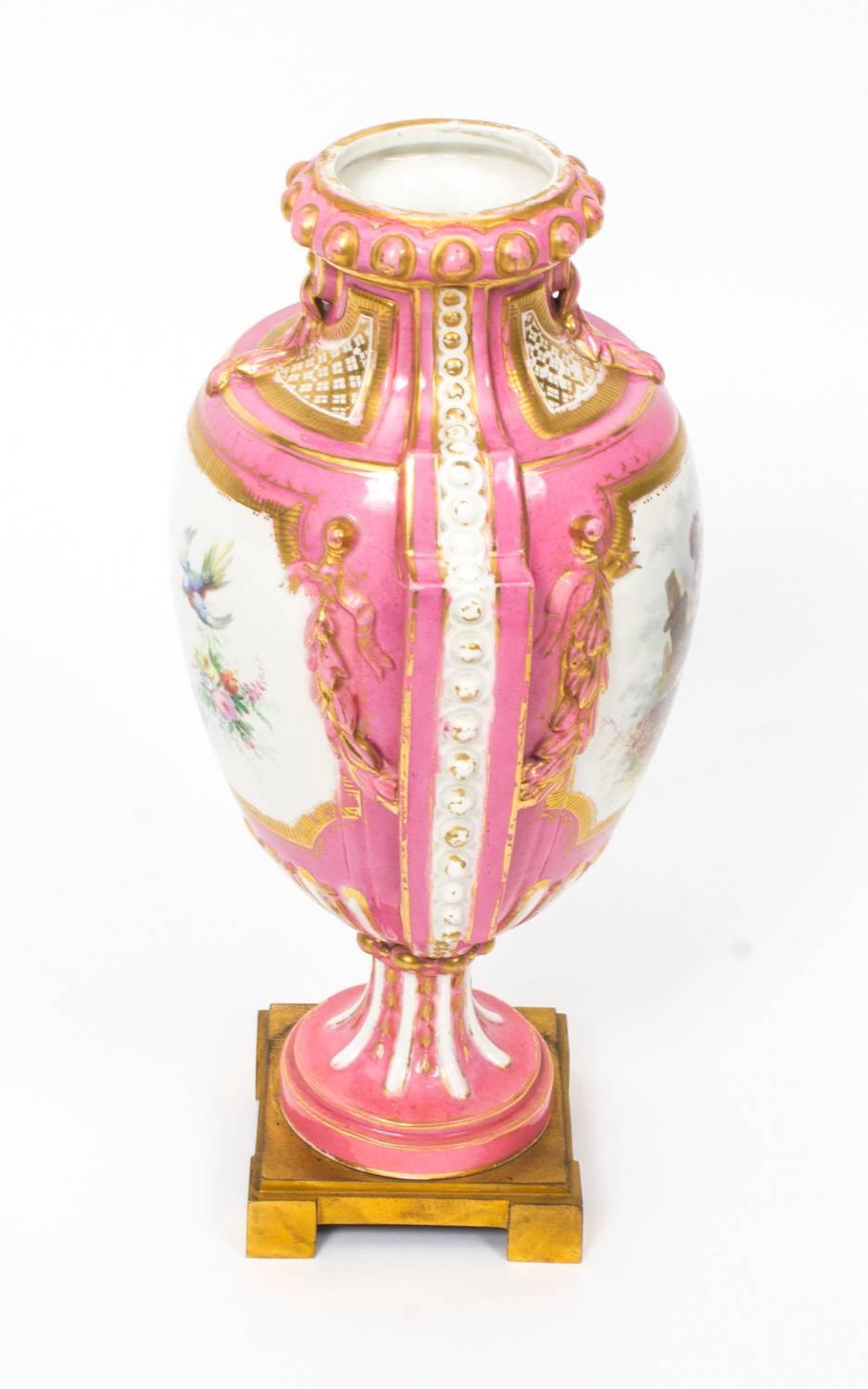 Porcelain 19th Century Pair of French Ormolu-Mounted Pink Sevres Vases