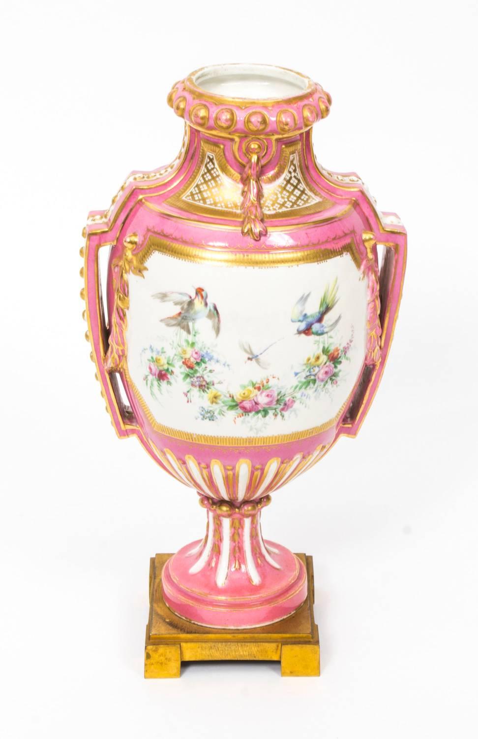 19th Century Pair of French Ormolu-Mounted Pink Sevres Vases 3