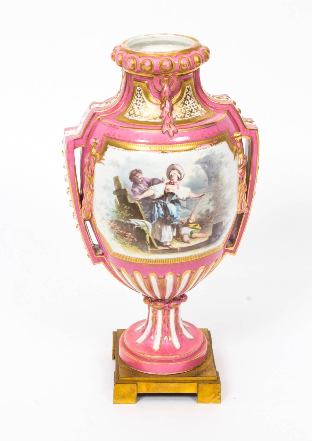 19th Century Pair of French Ormolu-Mounted Pink Sevres Vases 4