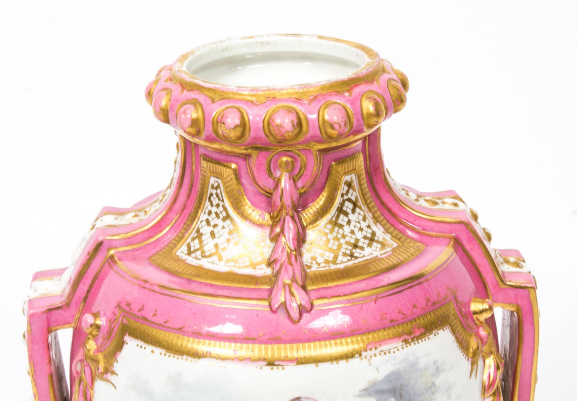 19th Century Pair of French Ormolu-Mounted Pink Sevres Vases 6