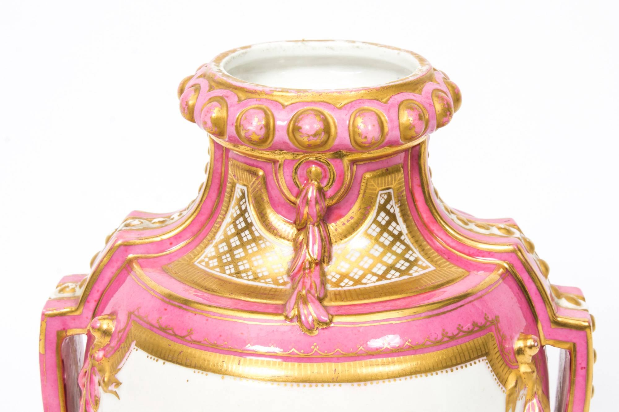 19th Century Pair of French Ormolu-Mounted Pink Sevres Vases 1