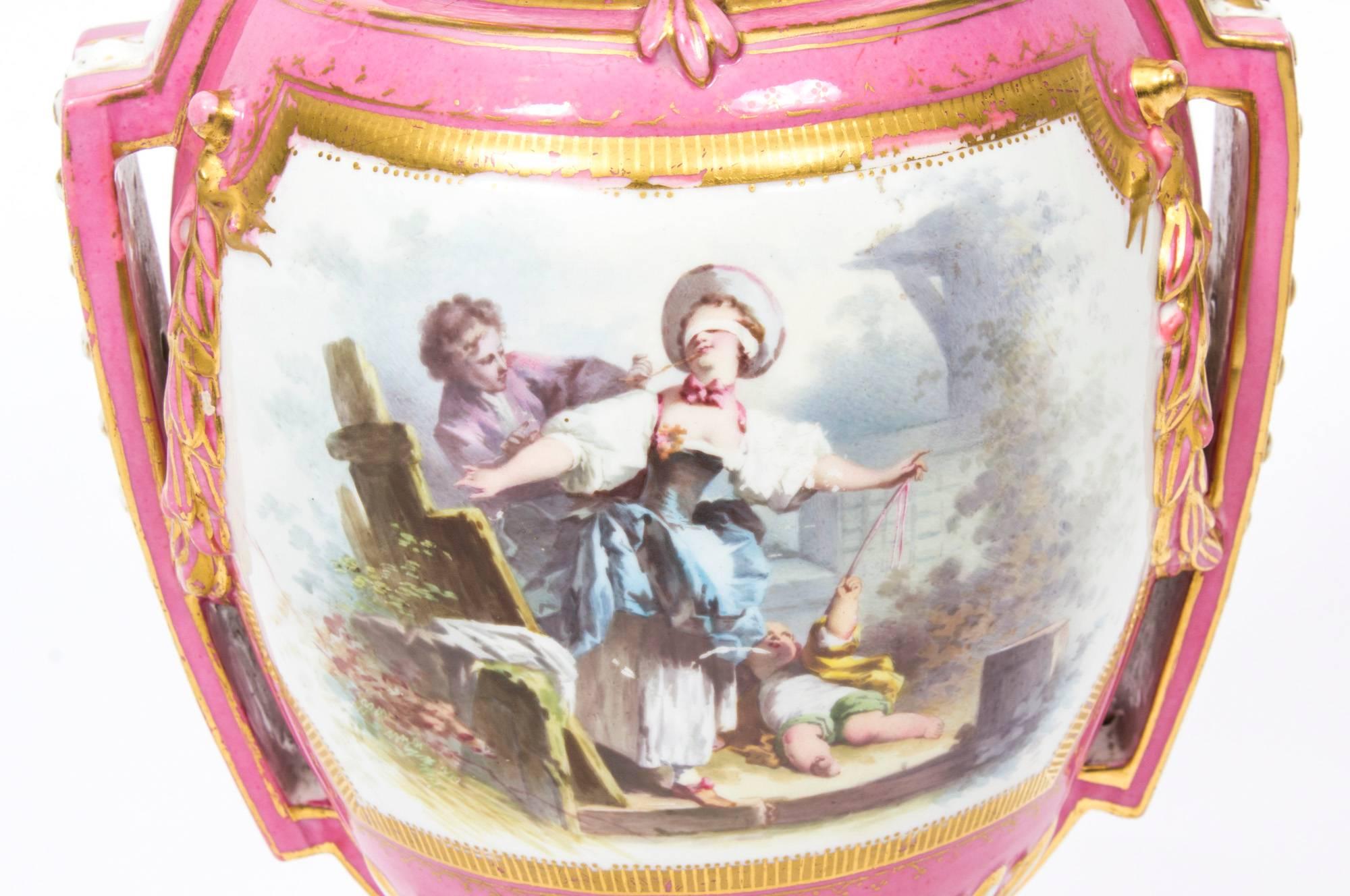 19th Century Pair of French Ormolu-Mounted Pink Sevres Vases 5