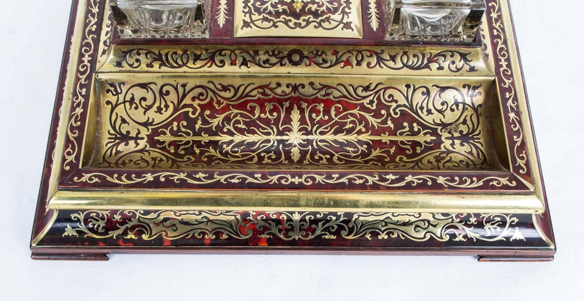 Ebonized 19th Century French Boulle Cut Brass Inlaid Inkstand