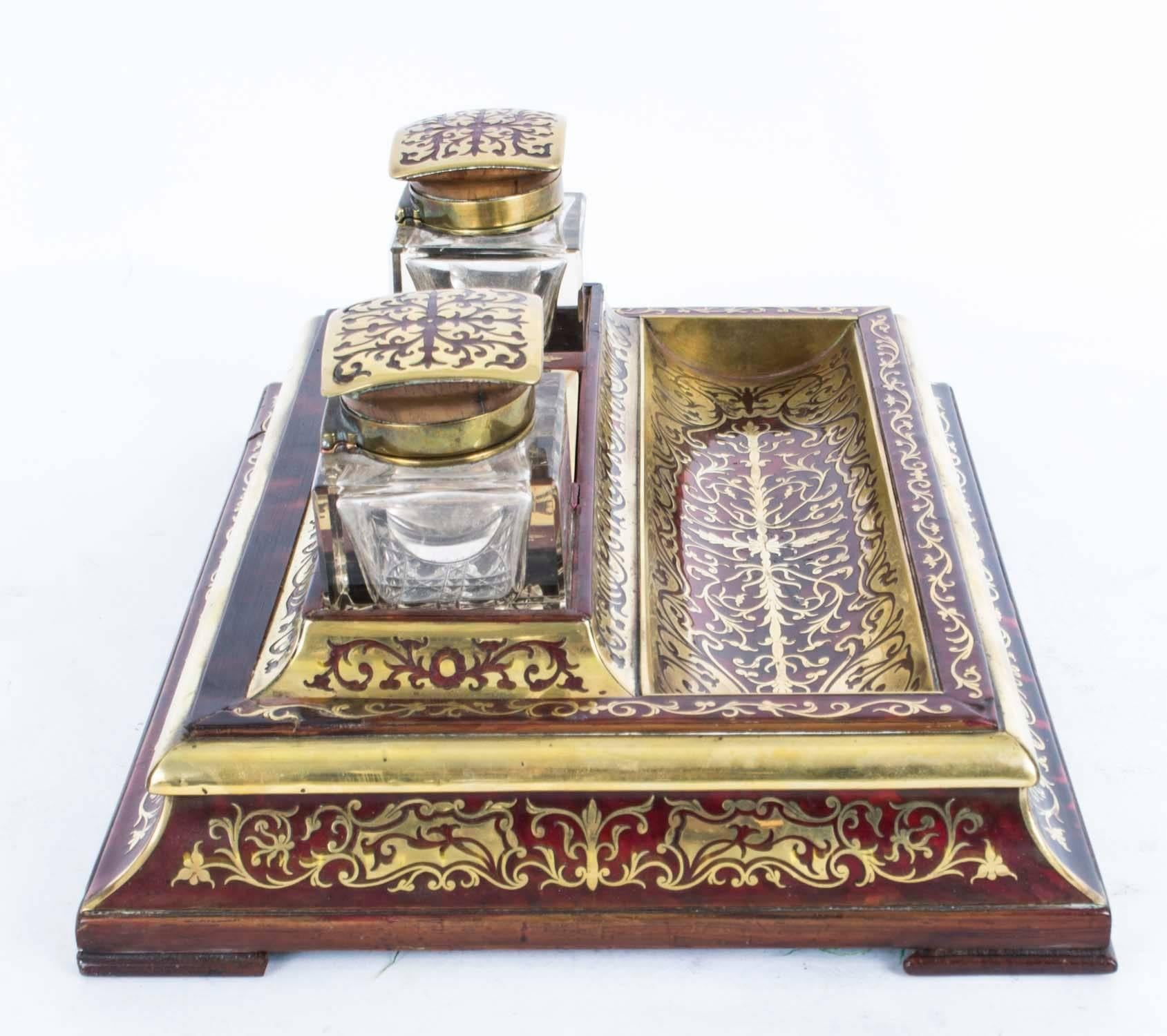 19th Century French Boulle Cut Brass Inlaid Inkstand 4