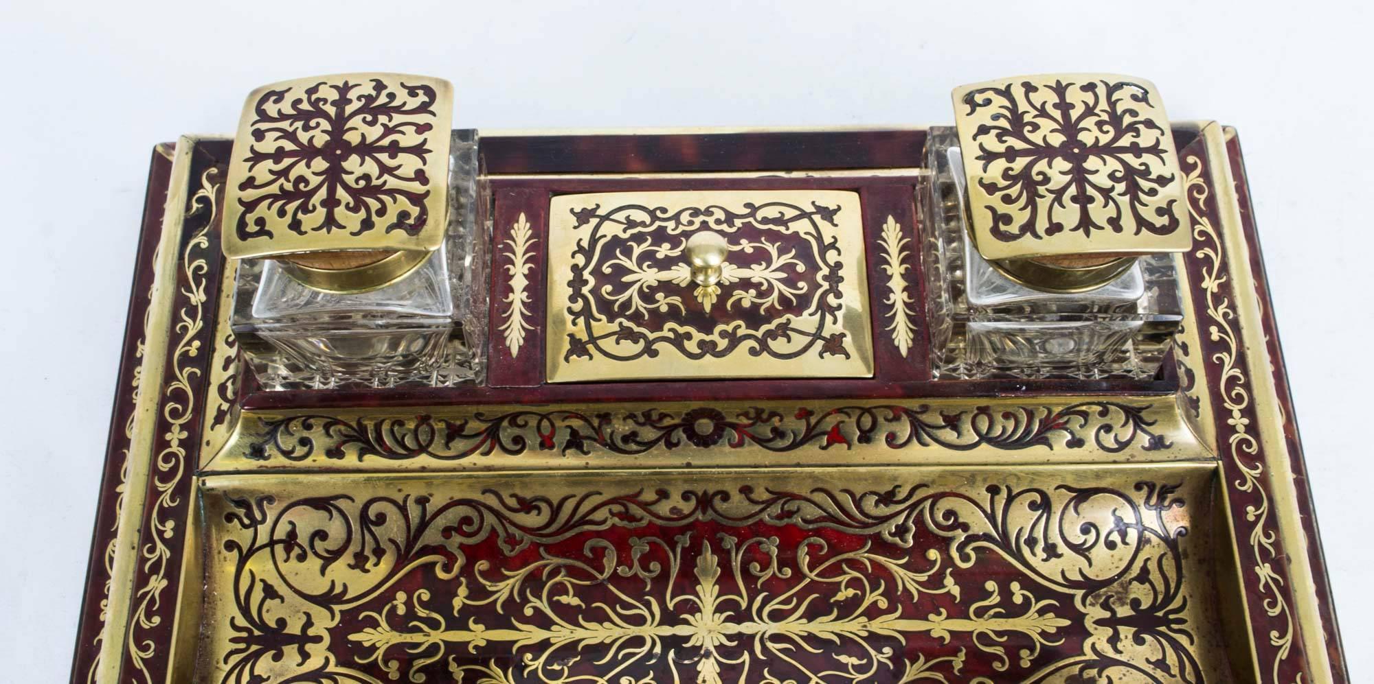 English 19th Century French Boulle Cut Brass Inlaid Inkstand