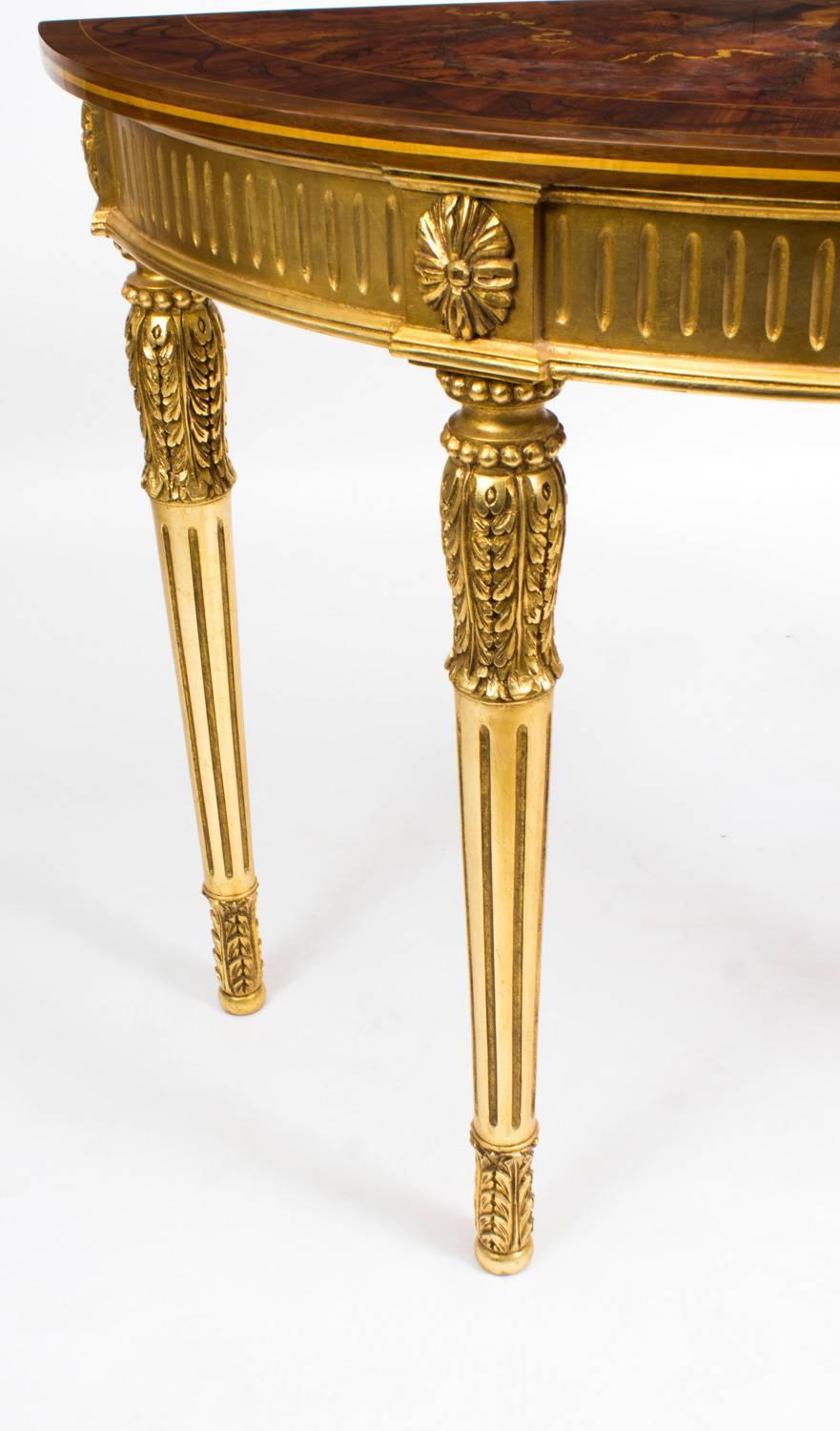 Stunning Pair of Giltwood Half Moon Marquetry Console Tables, 20th Century 1