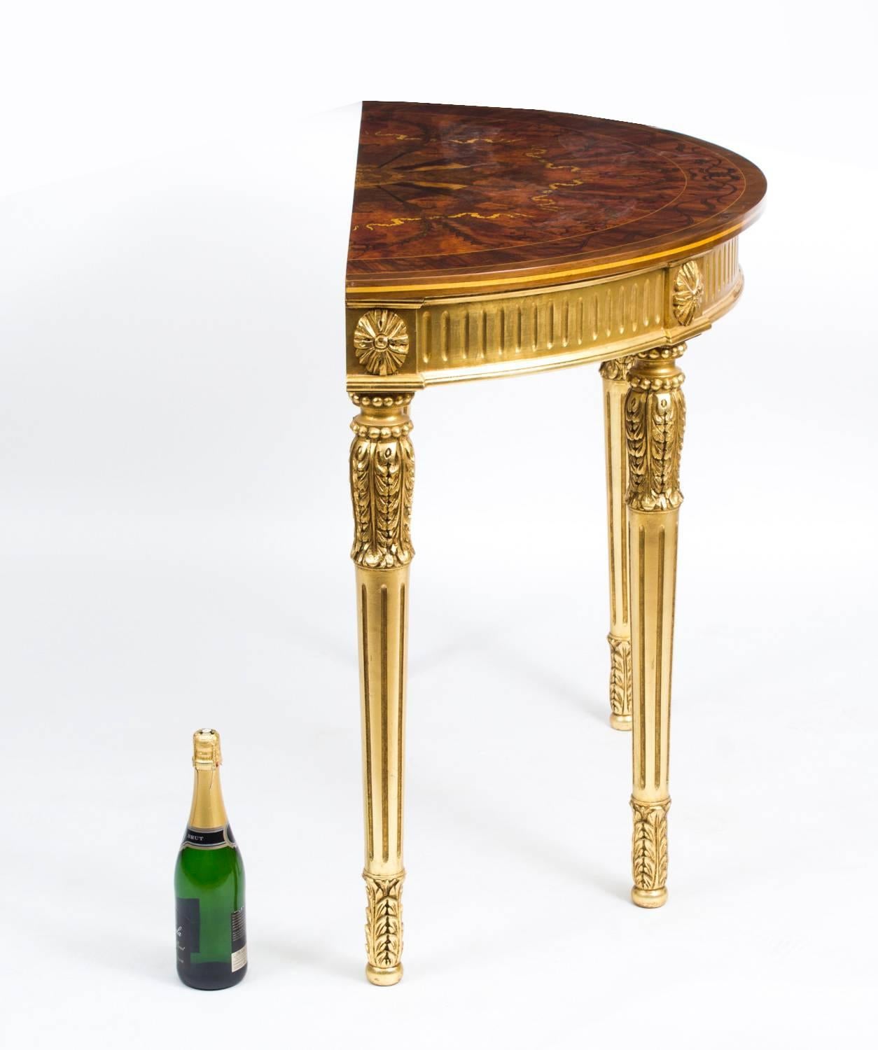 Stunning Pair of Giltwood Half Moon Marquetry Console Tables, 20th Century 5