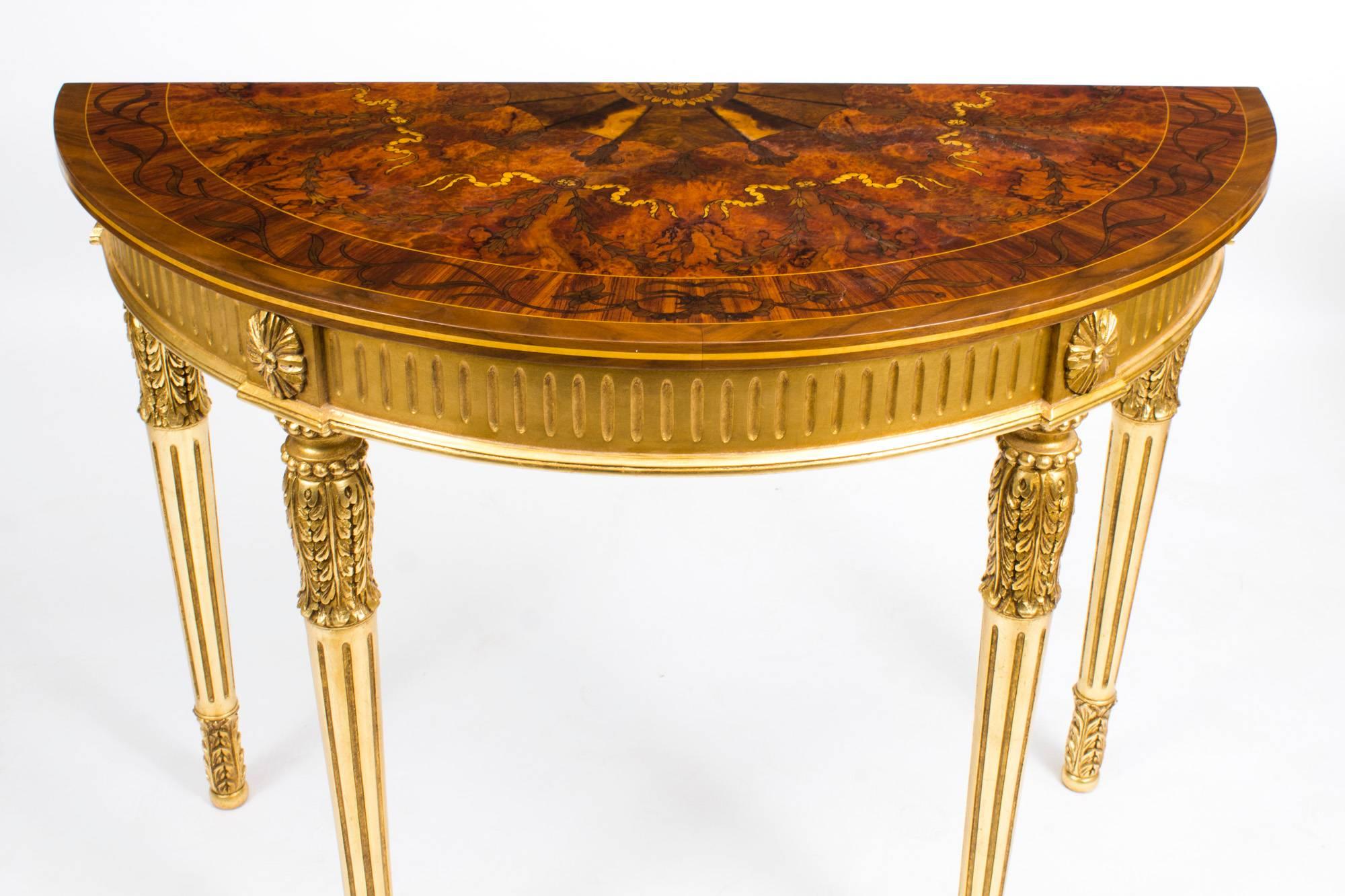 Sheraton Stunning Pair of Giltwood Half Moon Marquetry Console Tables, 20th Century