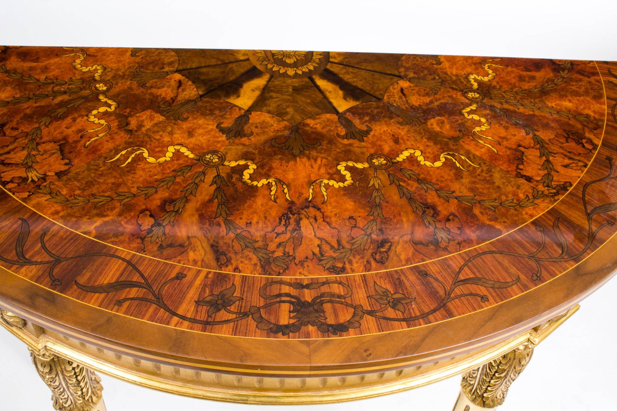 Rosewood Stunning Pair of Giltwood Half Moon Marquetry Console Tables, 20th Century
