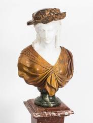 Early 20th Century Carrara Marble Art Nouveau Portrait Bust and Pedestal