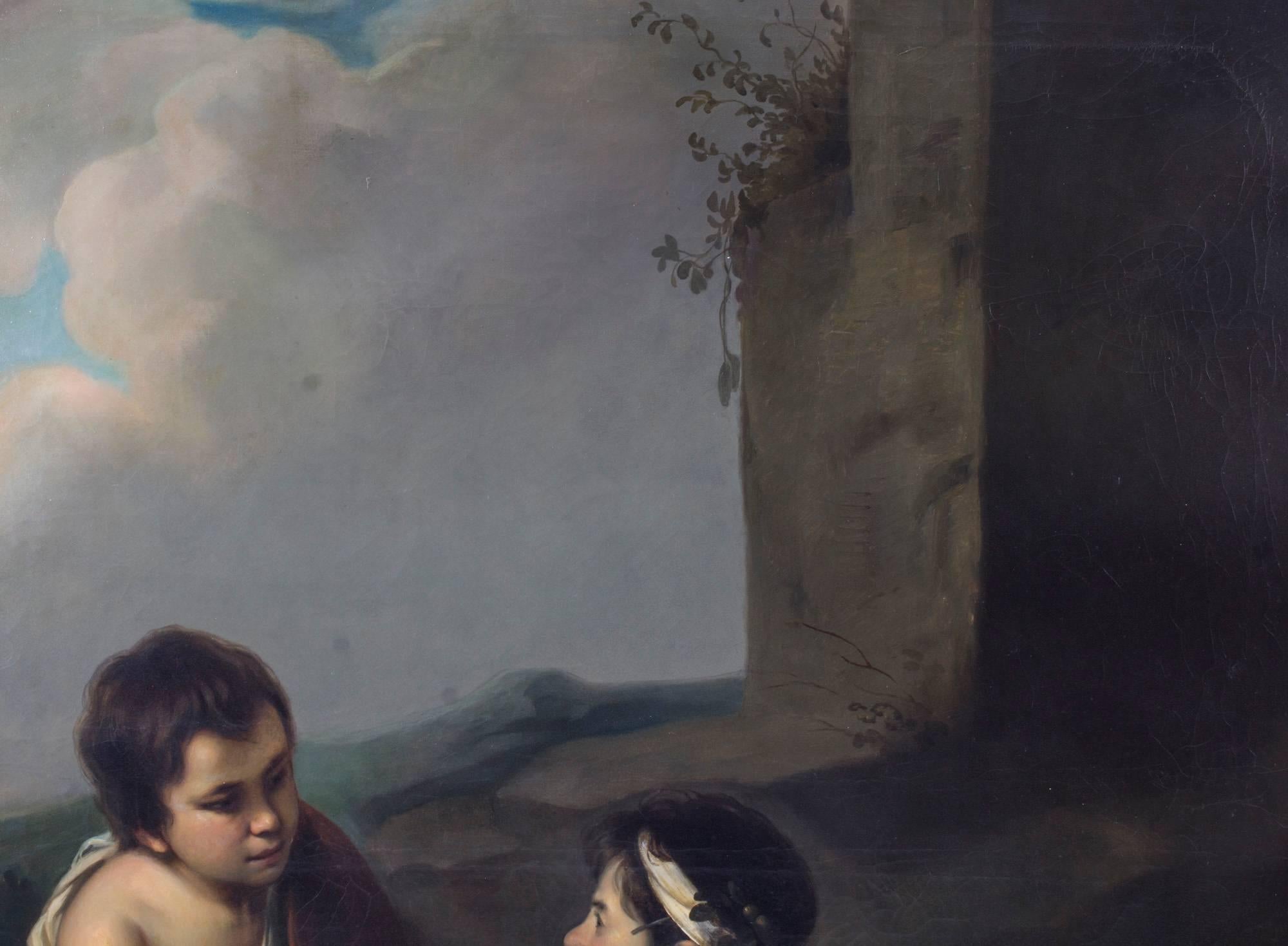This is a delightful antique Spanish oil on canvas painting of considerable size, after Bartolome' Esteban Murillo, depicting two peasant boys playing dice, circa 1780 in date. 

It features one boy crouching having just thrown the dice, the other