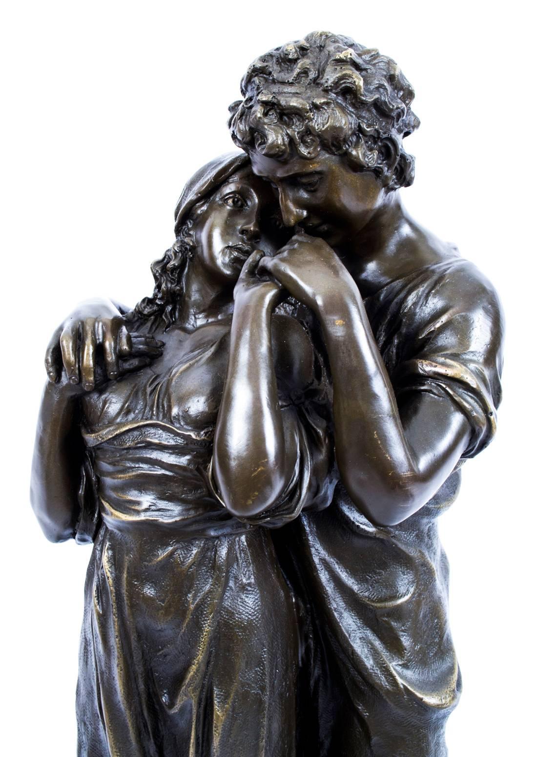 20th Century Large Bronze Classical Lovers Sculpture on Marble Base