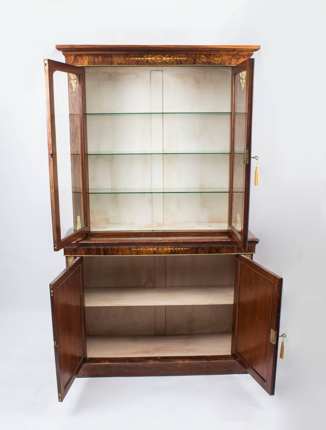 19th Century Burr Walnut and Inlaid Bookcase Display Cabinet 4