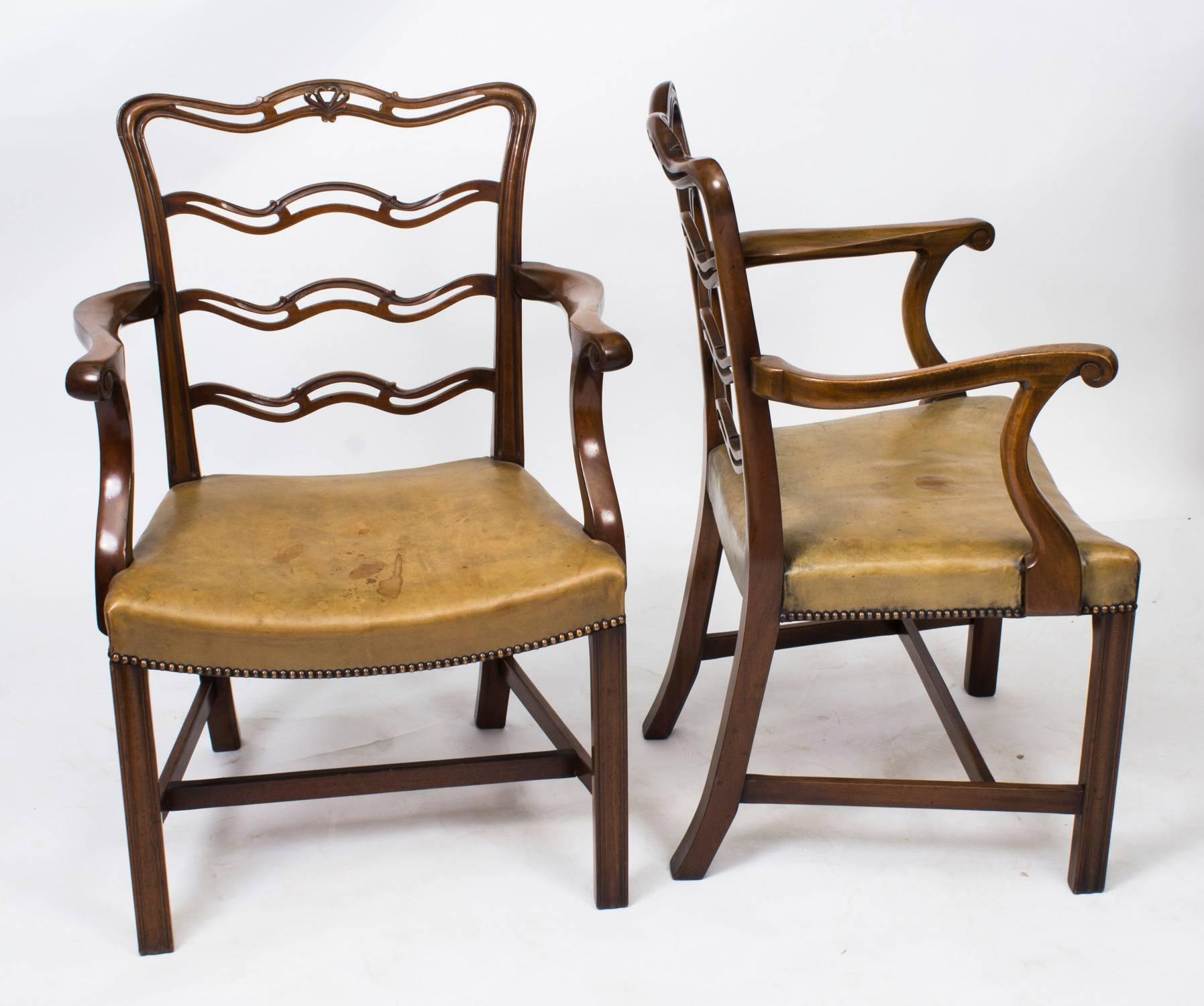 This is a beautiful set of eight vintage Chippendale style Ladderback dining chairs, comprising six side chairs and two armchairs, C1920 in date.

They were purchased at great expense from Harrods, in Knightsbridge, London on the 8th Jan 1982 and