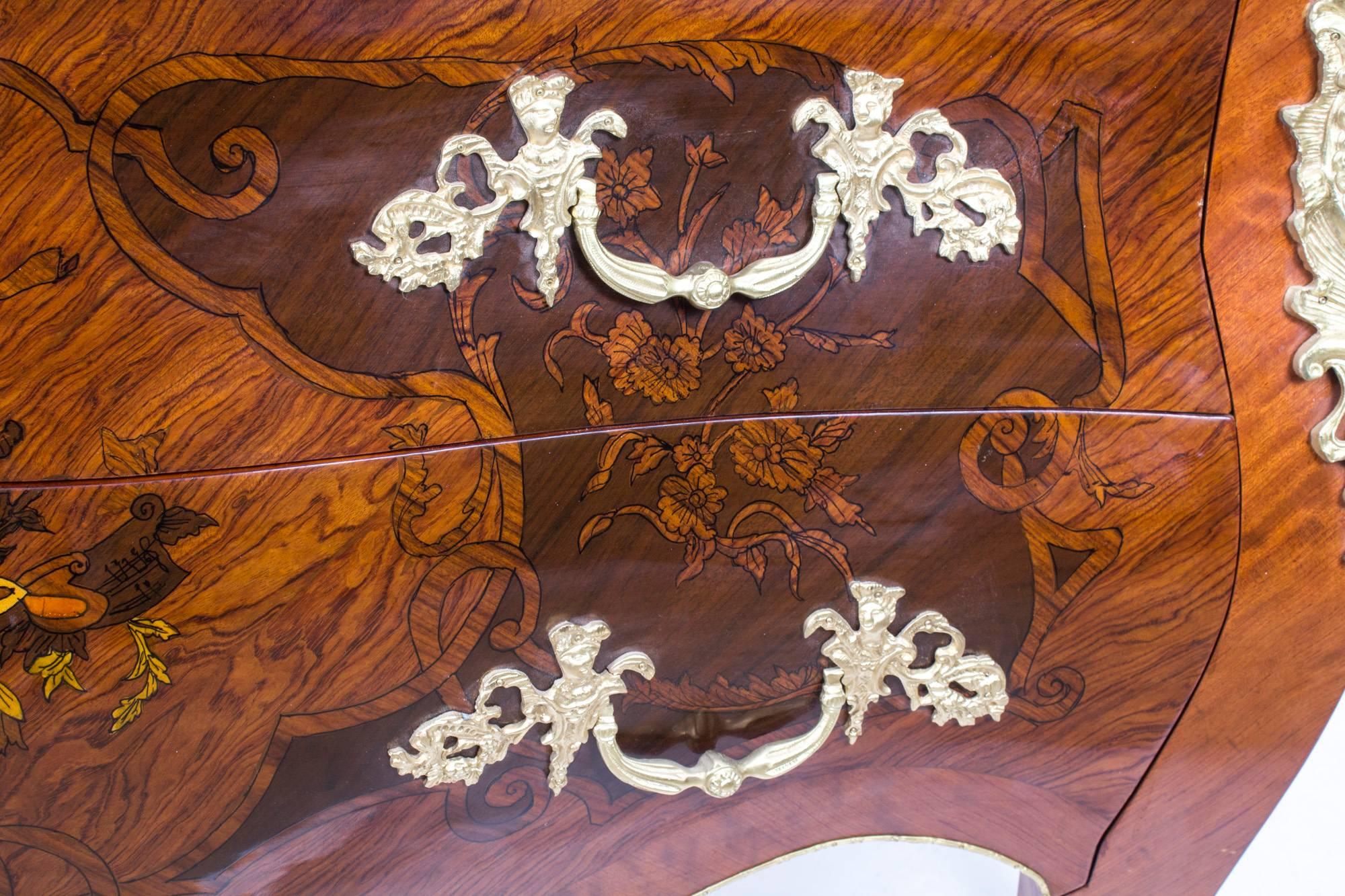 French Louis XV Marquetry Bombe Commode Chest 1