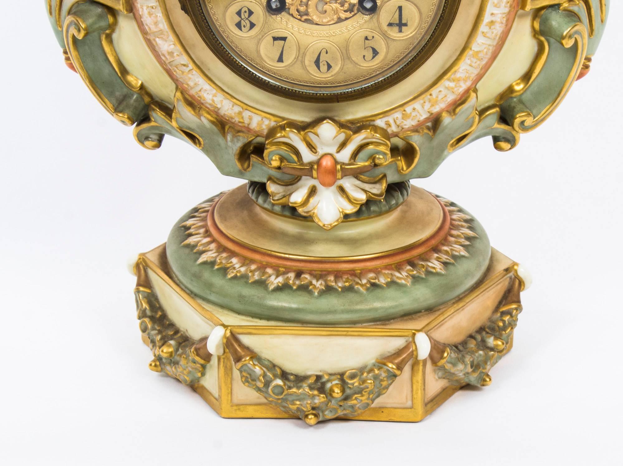 Gilt Early 20th Century Royal Worcester Blush Porcelain Lyre Cased Mantle Clock