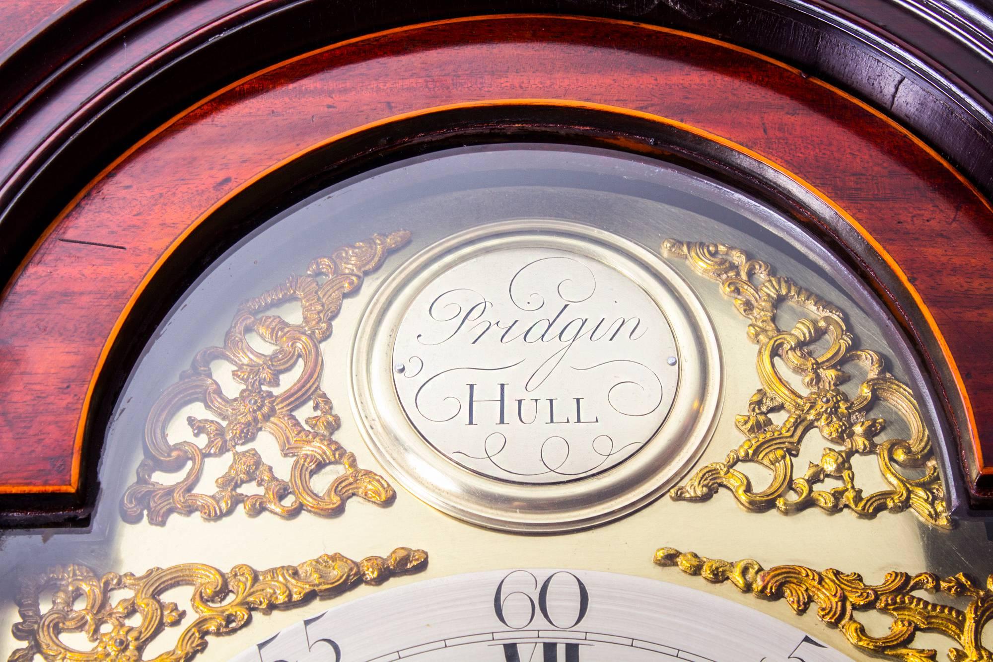 English 18th Century Flame Mahogany and Inlaid Longcase Clock, William Pridgin Hull