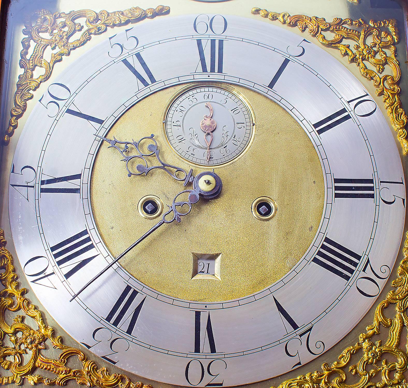 Silvered 18th Century Flame Mahogany and Inlaid Longcase Clock, William Pridgin Hull