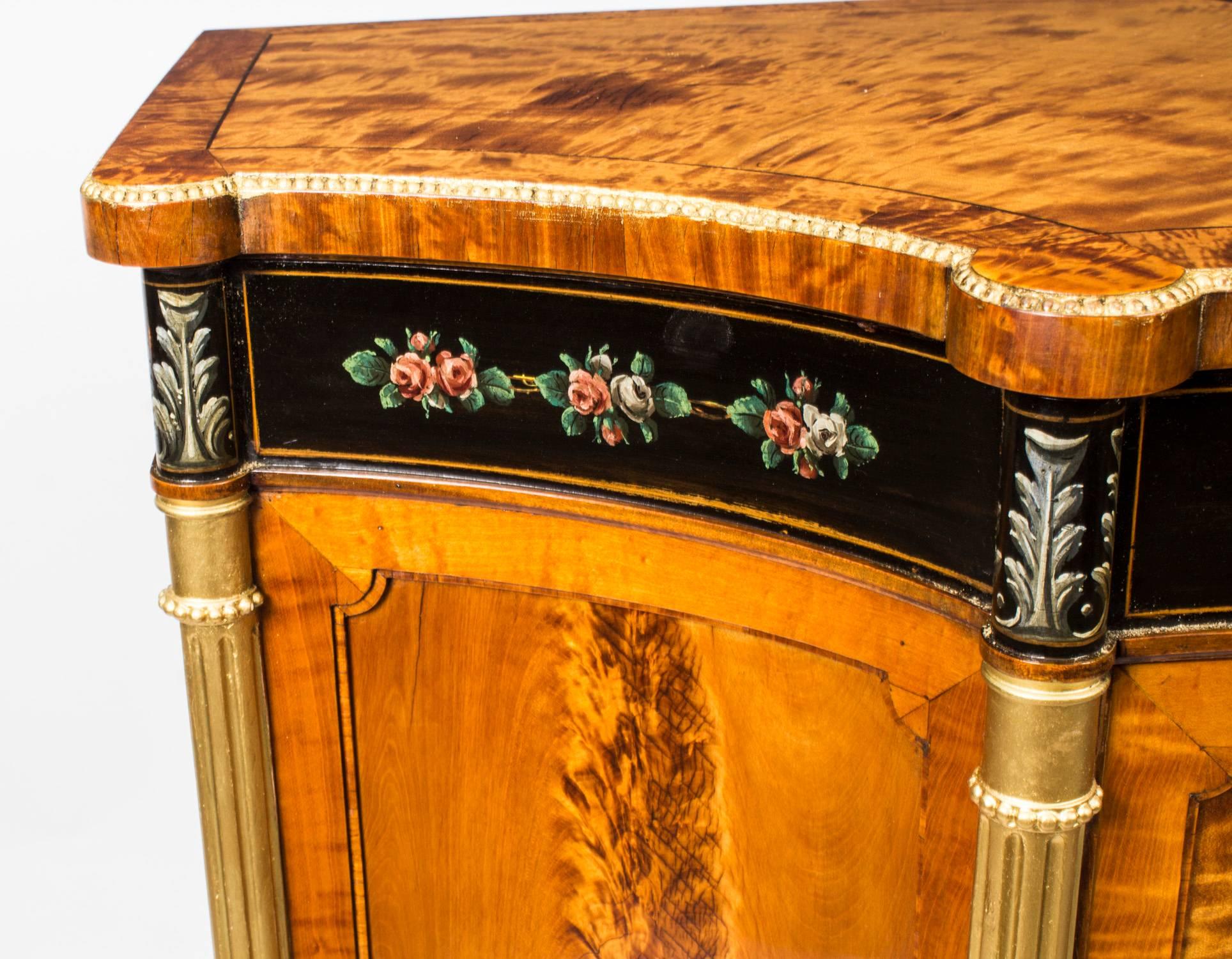 Early 20th Century Edwardian Floral Painted Satinwood Side Cabinet Sideboard 3