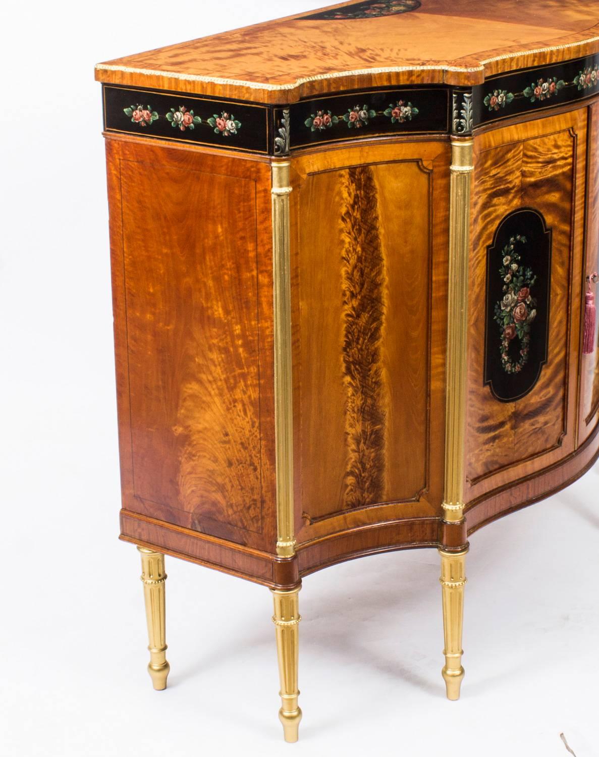 Early 20th Century Edwardian Floral Painted Satinwood Side Cabinet Sideboard 4