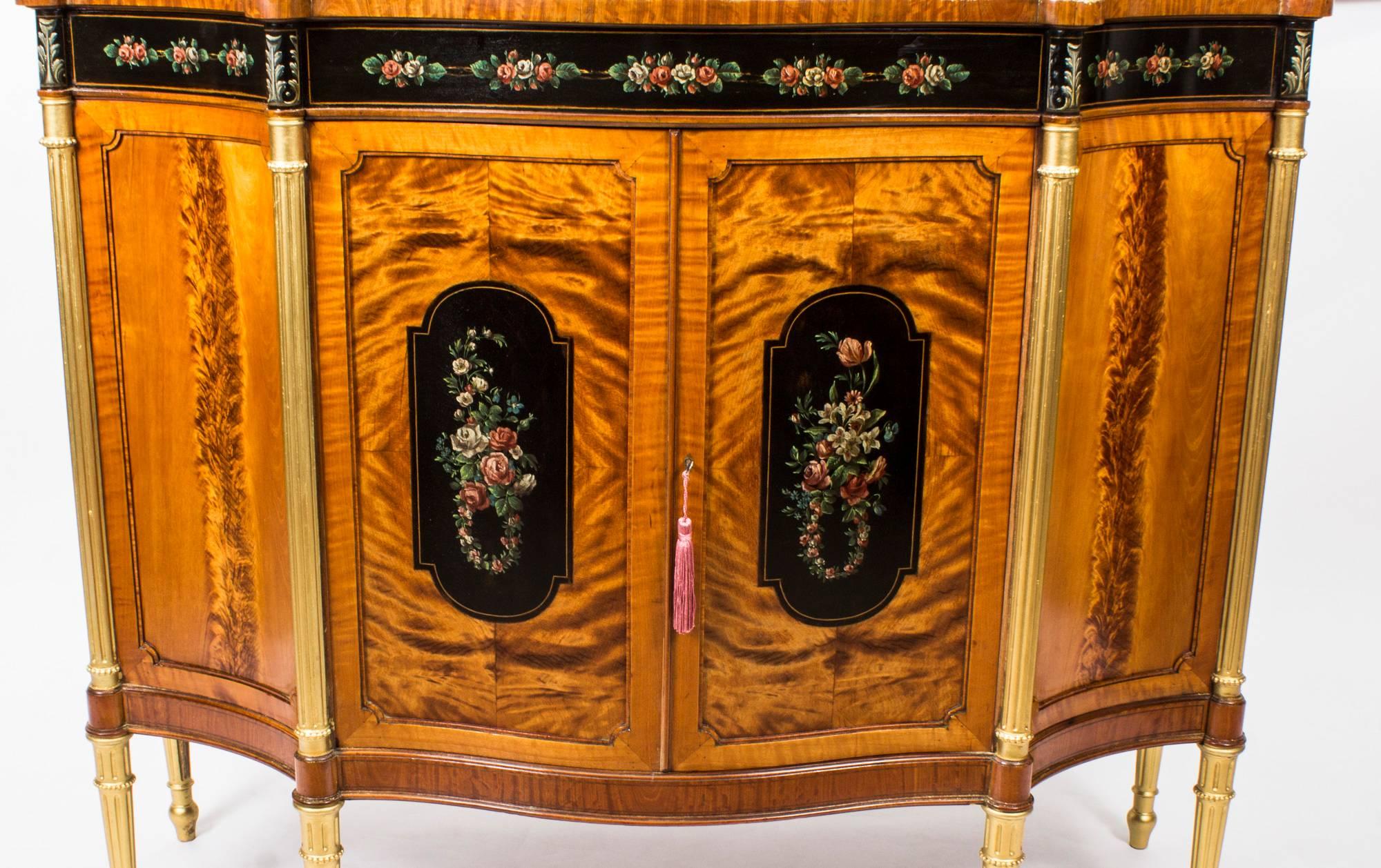 Early 20th Century Edwardian Floral Painted Satinwood Side Cabinet Sideboard 1