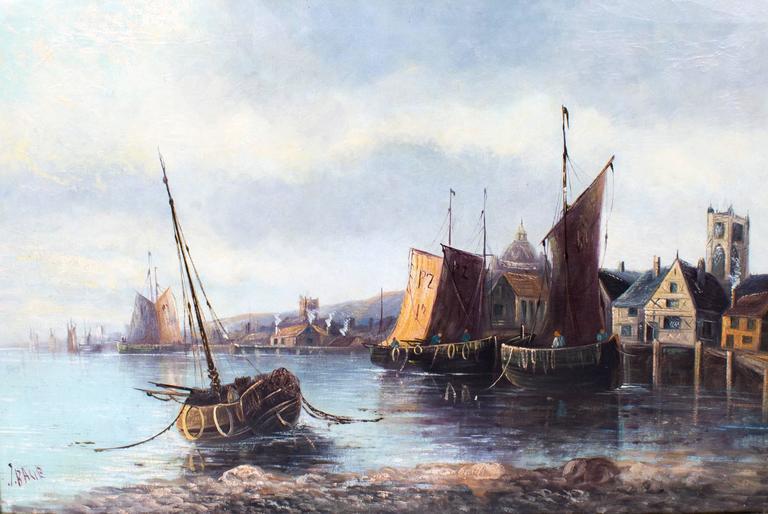 Antique Oil Painting Fishing Boats At Moorings J Balie Circa 1880 At 1stdibs