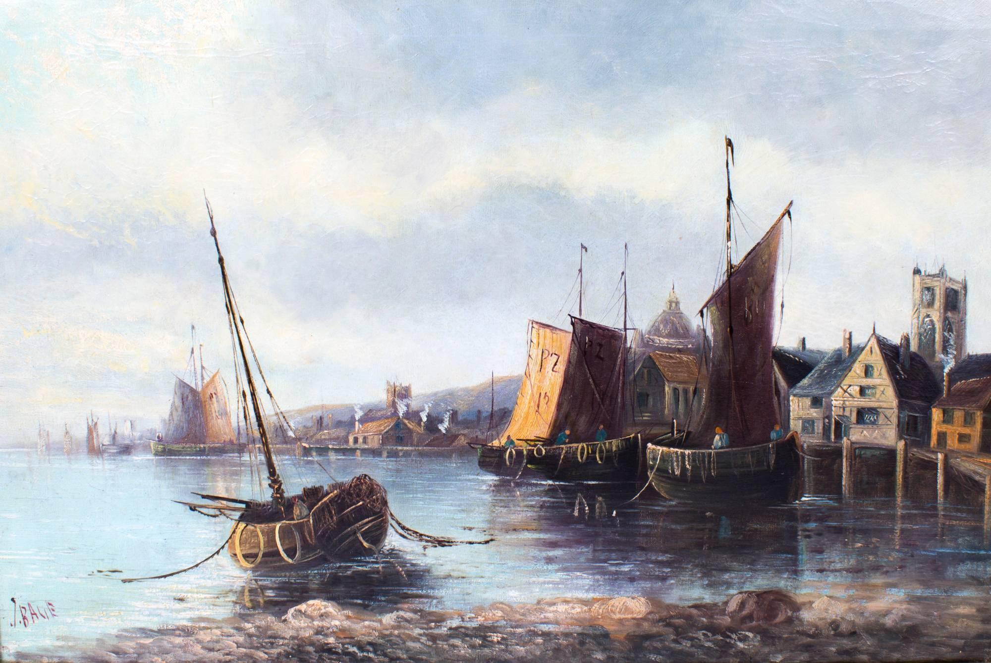 This is a beautiful antique oil on canvas painting depicting fishing boats at their moorings with buildings and landscape behind, signed J.Balie, circa 1880 in date.
 
This painting shows great artistic talent and is housed in a magnificent floral