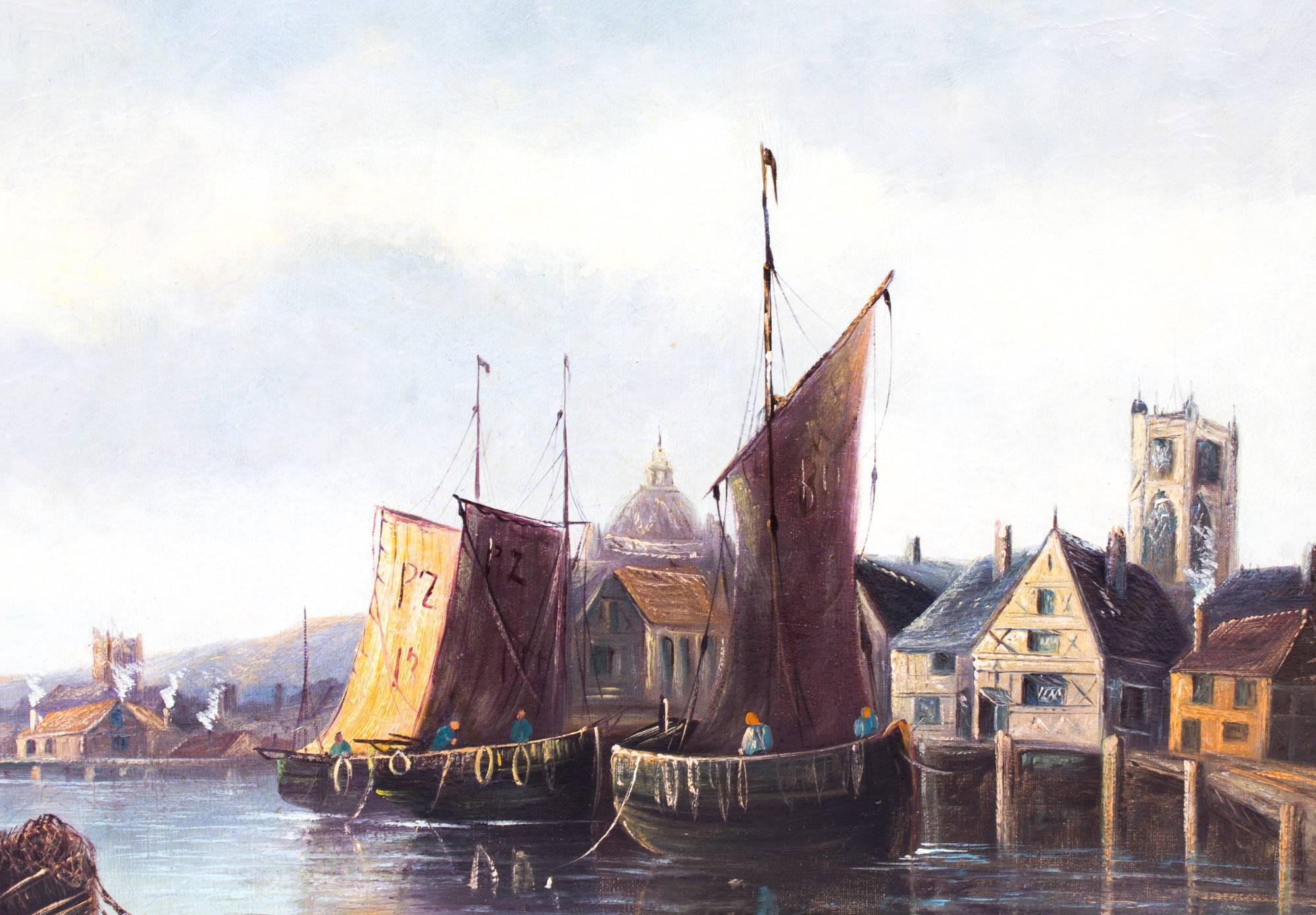 Antique Oil Painting Fishing Boats at Moorings, J.Balie, circa 1880 In Excellent Condition In London, GB
