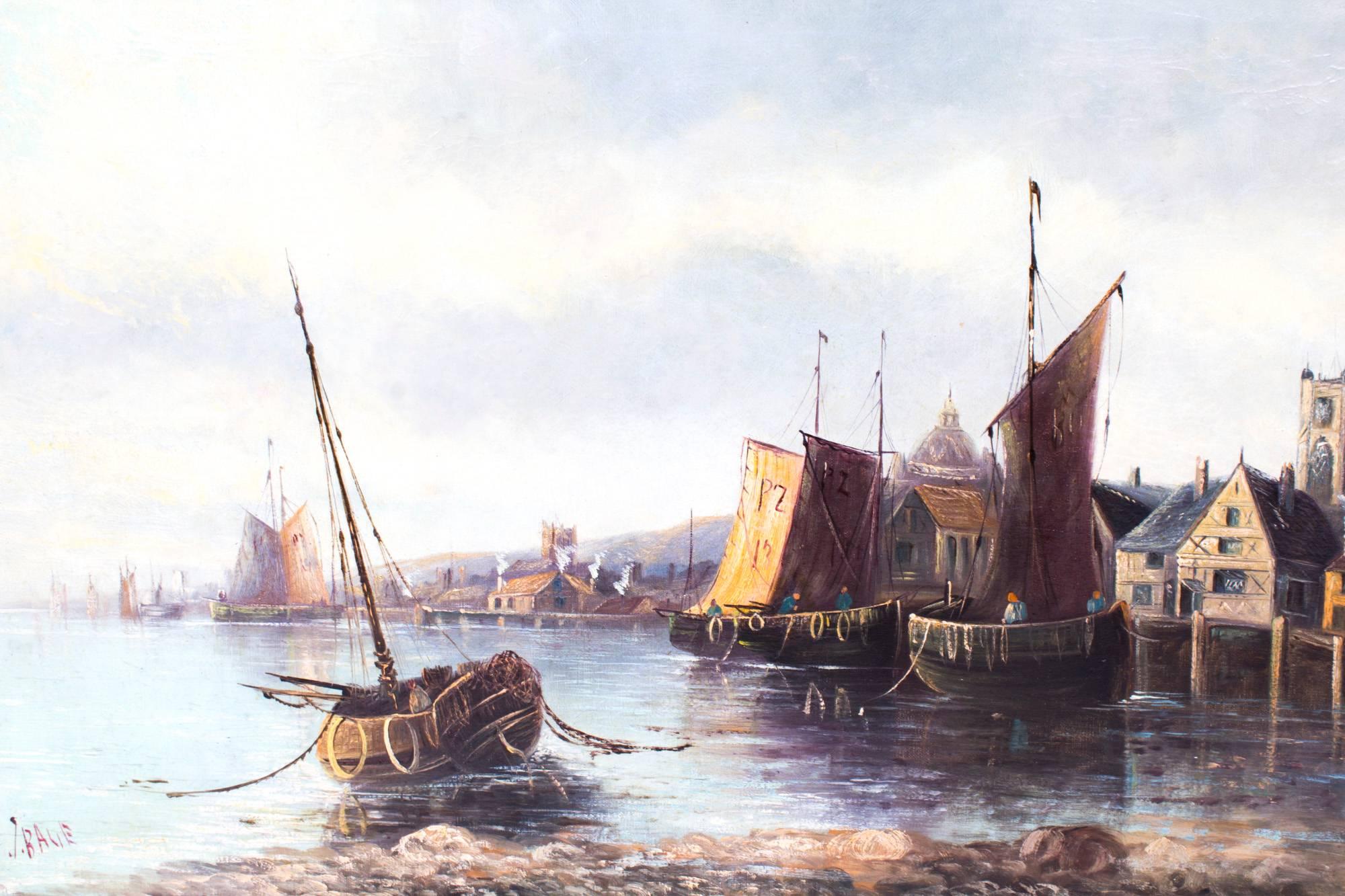 19th Century Antique Oil Painting Fishing Boats at Moorings, J.Balie, circa 1880