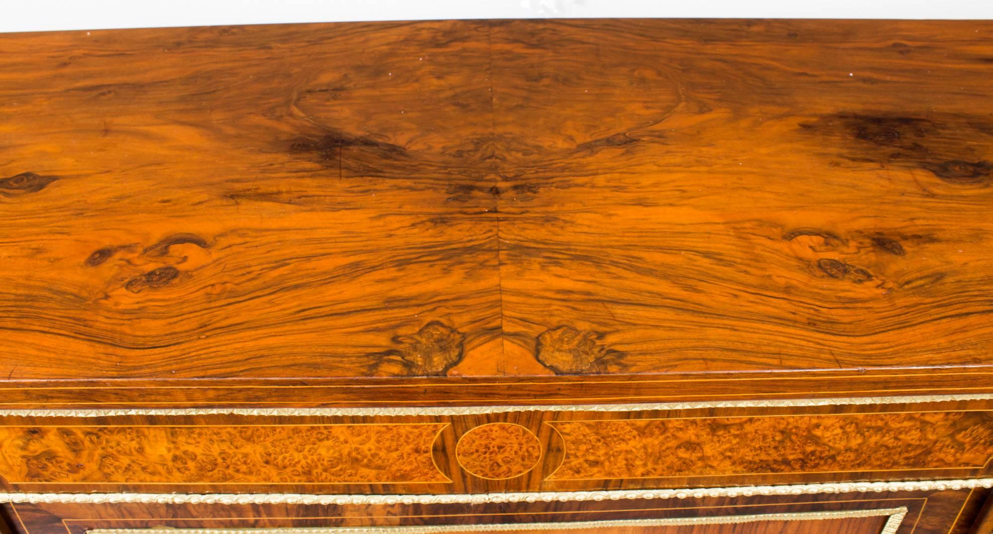 English 19th Century Victorian Burr Walnut Marquetry Ormolu-Mounted Credenza