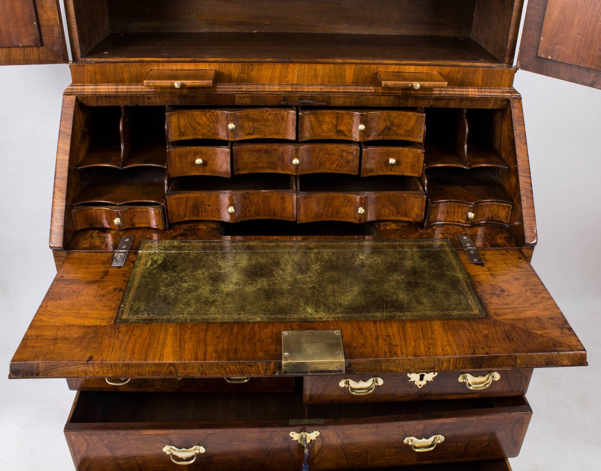 Antique Queen Anne Double Dome Burr Walnut Bureau Bookcase 18th Century For Sale 3