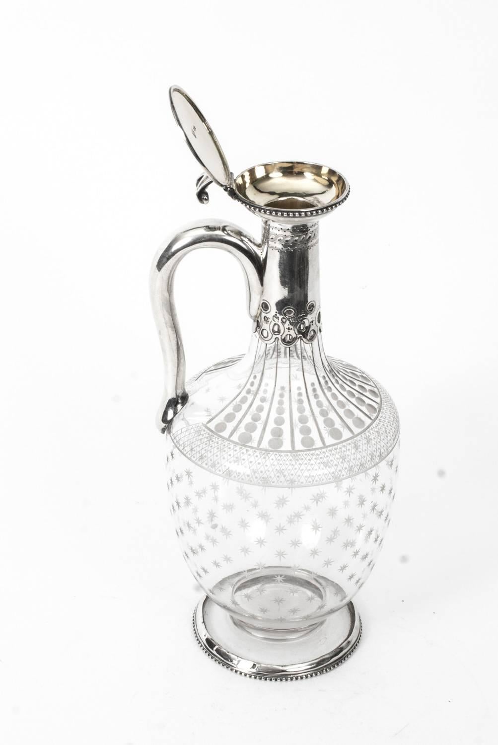 19th Century Antique Victorian Silver & Crystal Claret Jug Ewer Daniel & Charles Houle, 1875