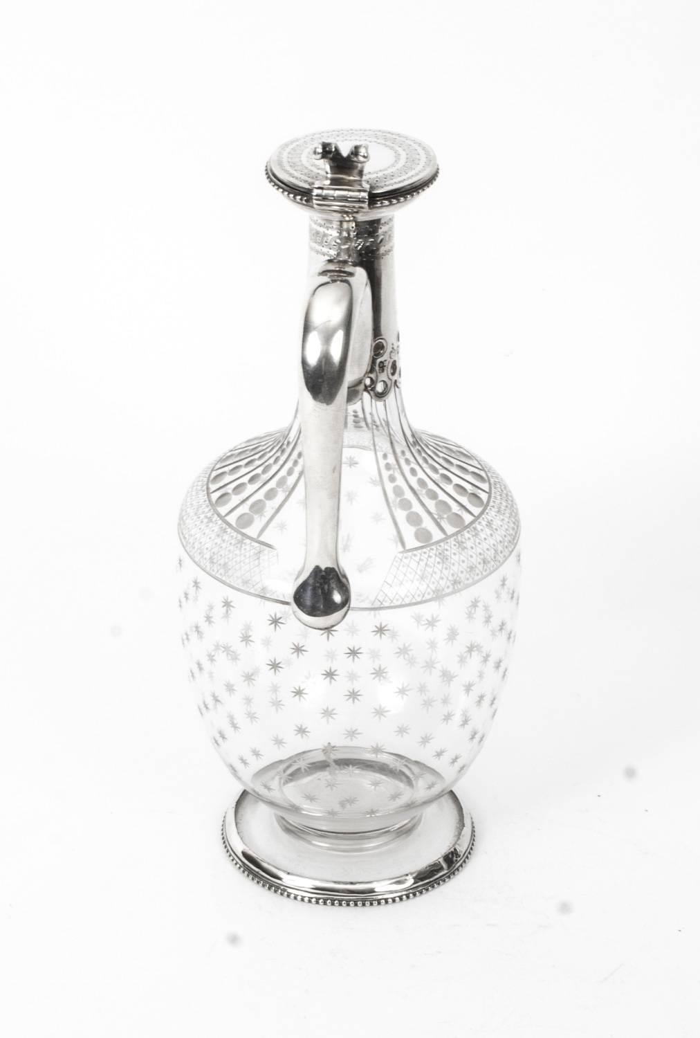 Antique Victorian Silver & Crystal Claret Jug Ewer Daniel & Charles Houle, 1875 In Excellent Condition In London, GB