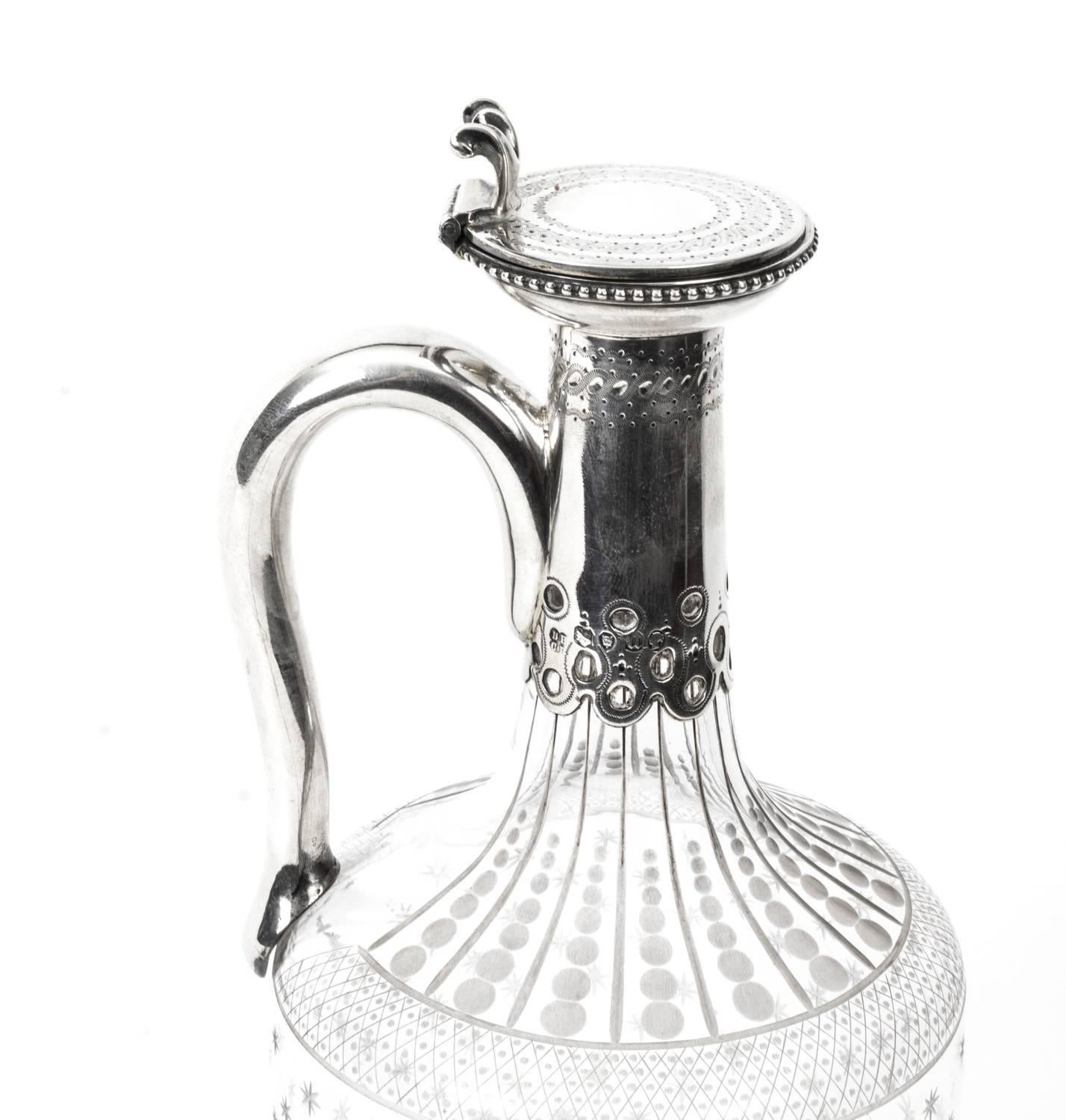Antique Victorian Silver & Crystal Claret Jug Ewer Daniel & Charles Houle, 1875 1