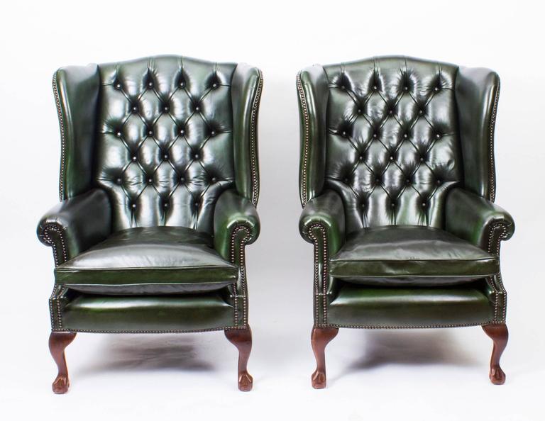 Pair of Leather Chippendale Wingback Armchairs Emerald ...