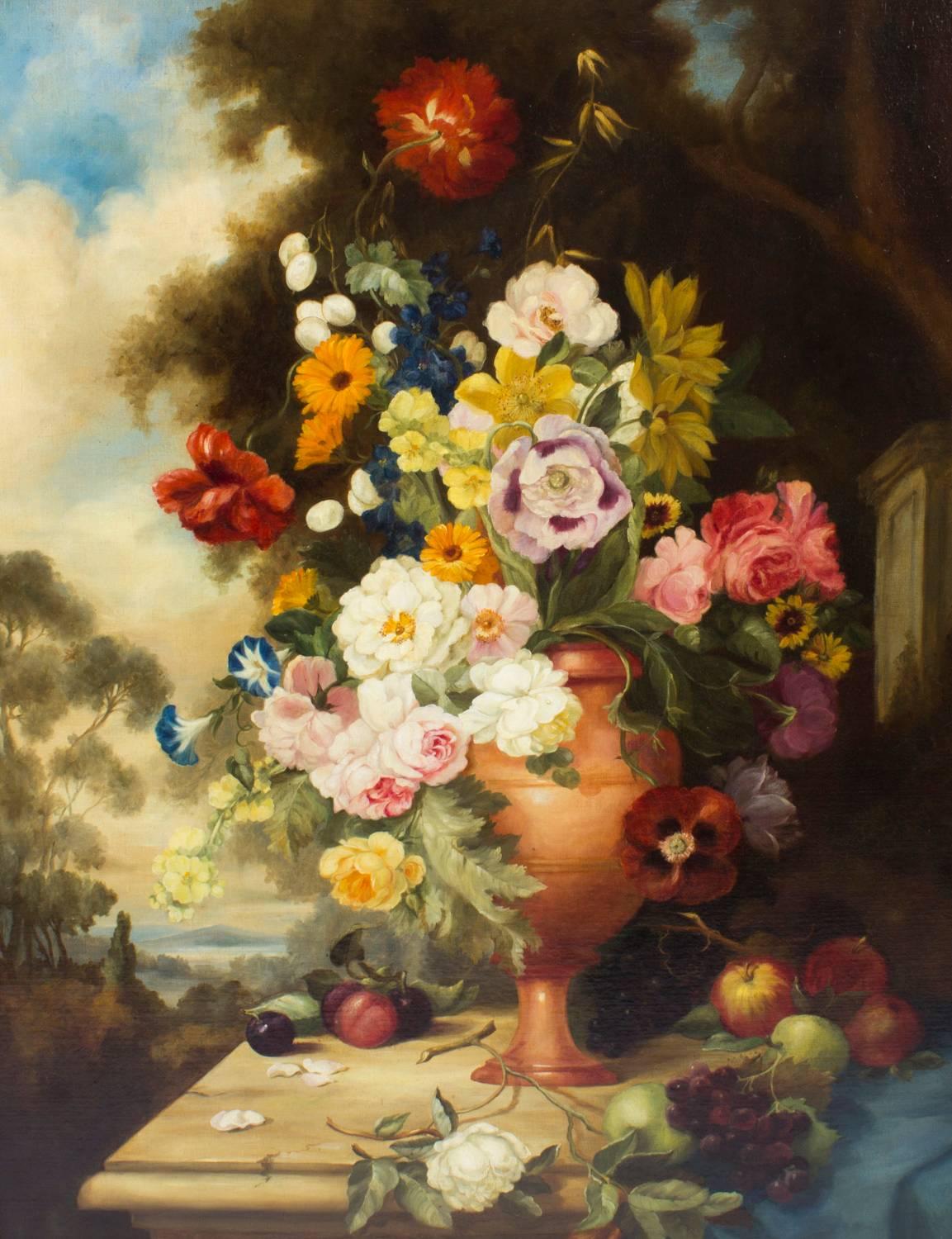 This beautiful large antique floral continental school still life, is oil on canvas laid down on board and is mid-19th century in date.

The painting features a sumptuous bouquet of flowers in a classical vase with fruit painted in rich vibrant