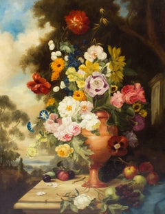 Large Antique Continental School Floral Still Life Oil Painting 19th Century